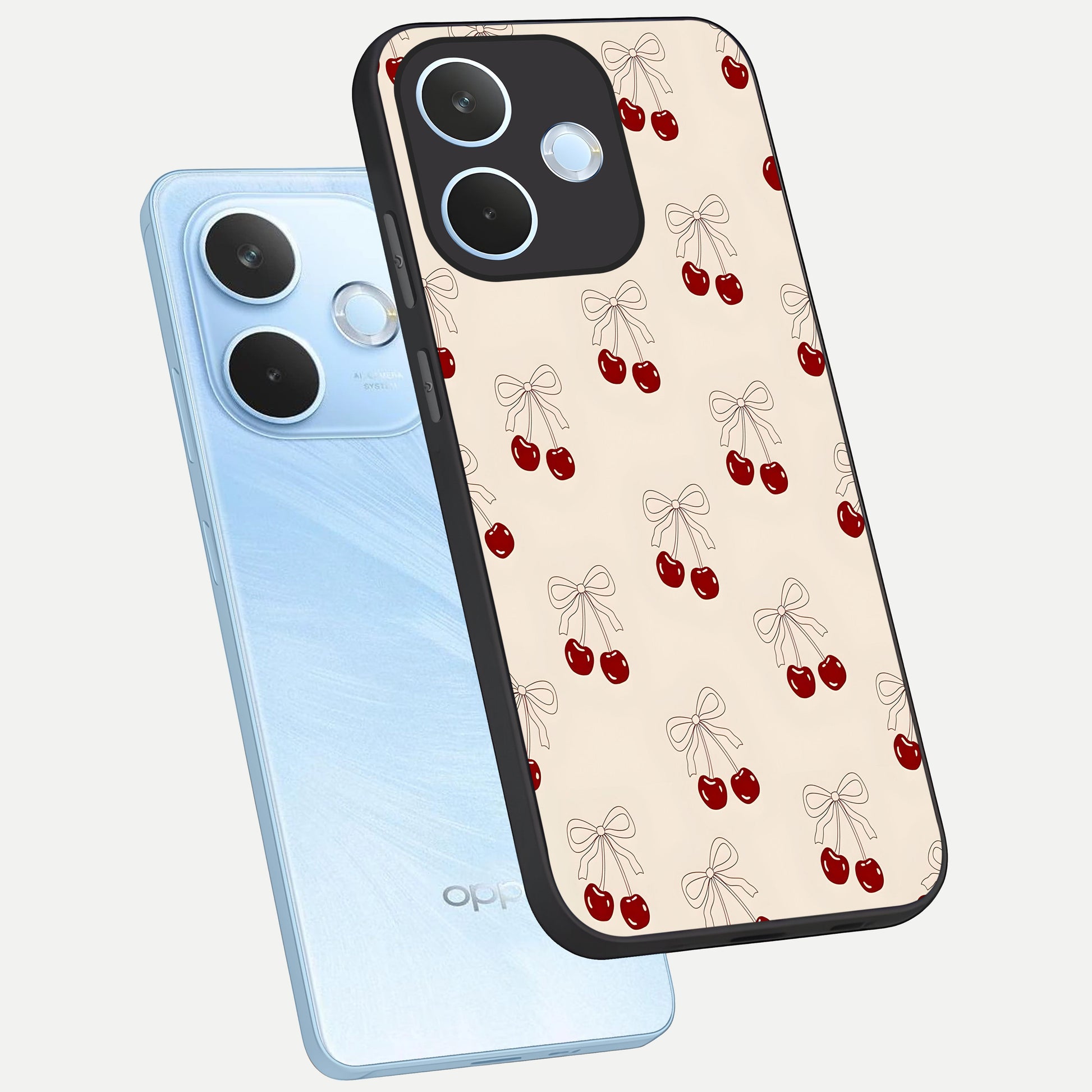  Cute Cherry Pattern phone case For Oppo Reno 15 Pro mini showing premium glass back cover with detailed artwork