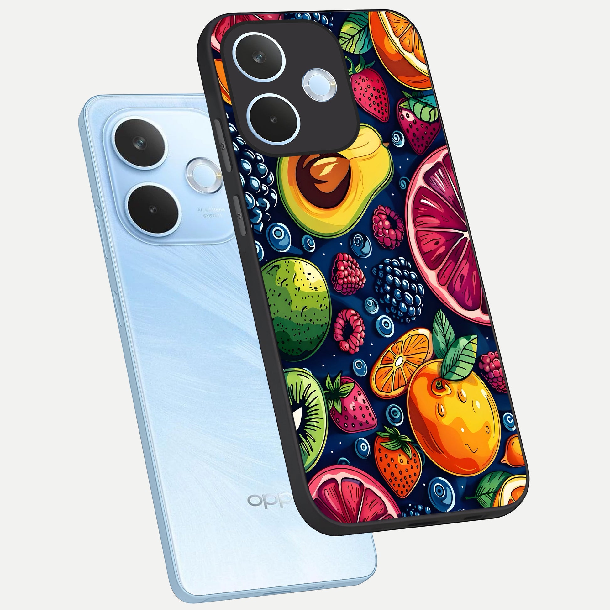  Cute Fruits Art phone case For Oppo Reno 15 Pro mini showing premium glass back cover with detailed artwork