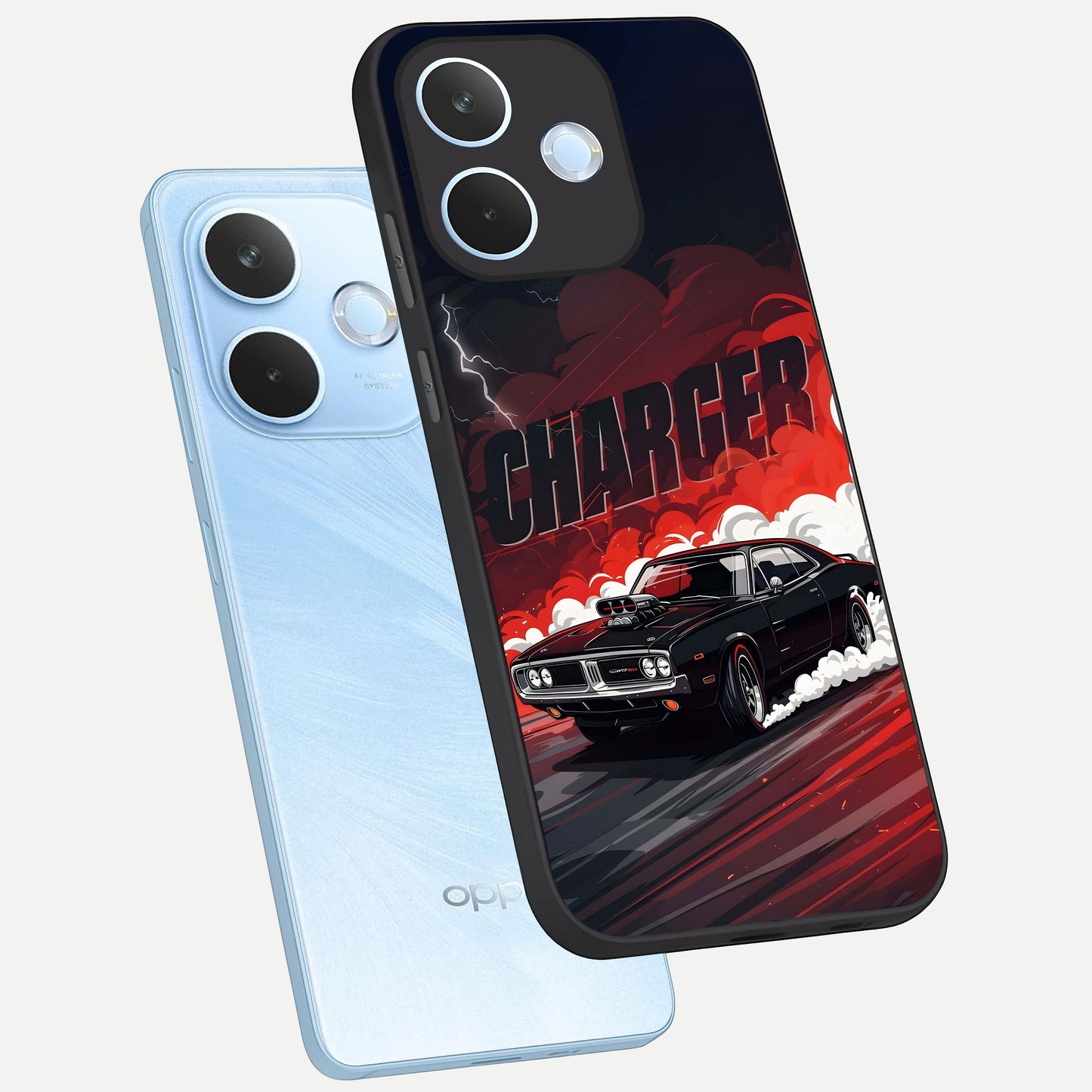  Dark Charger Fury phone case For Oppo Reno 15 Pro mini showing premium glass back cover with detailed artwork