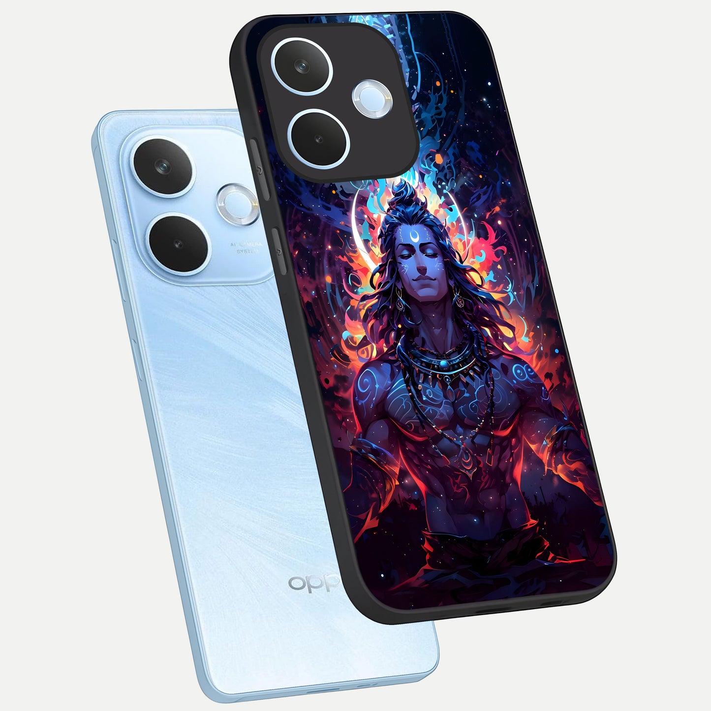  Divine Fire Shiv phone case For Oppo Reno 15 Pro mini showing premium glass back cover with detailed artwork