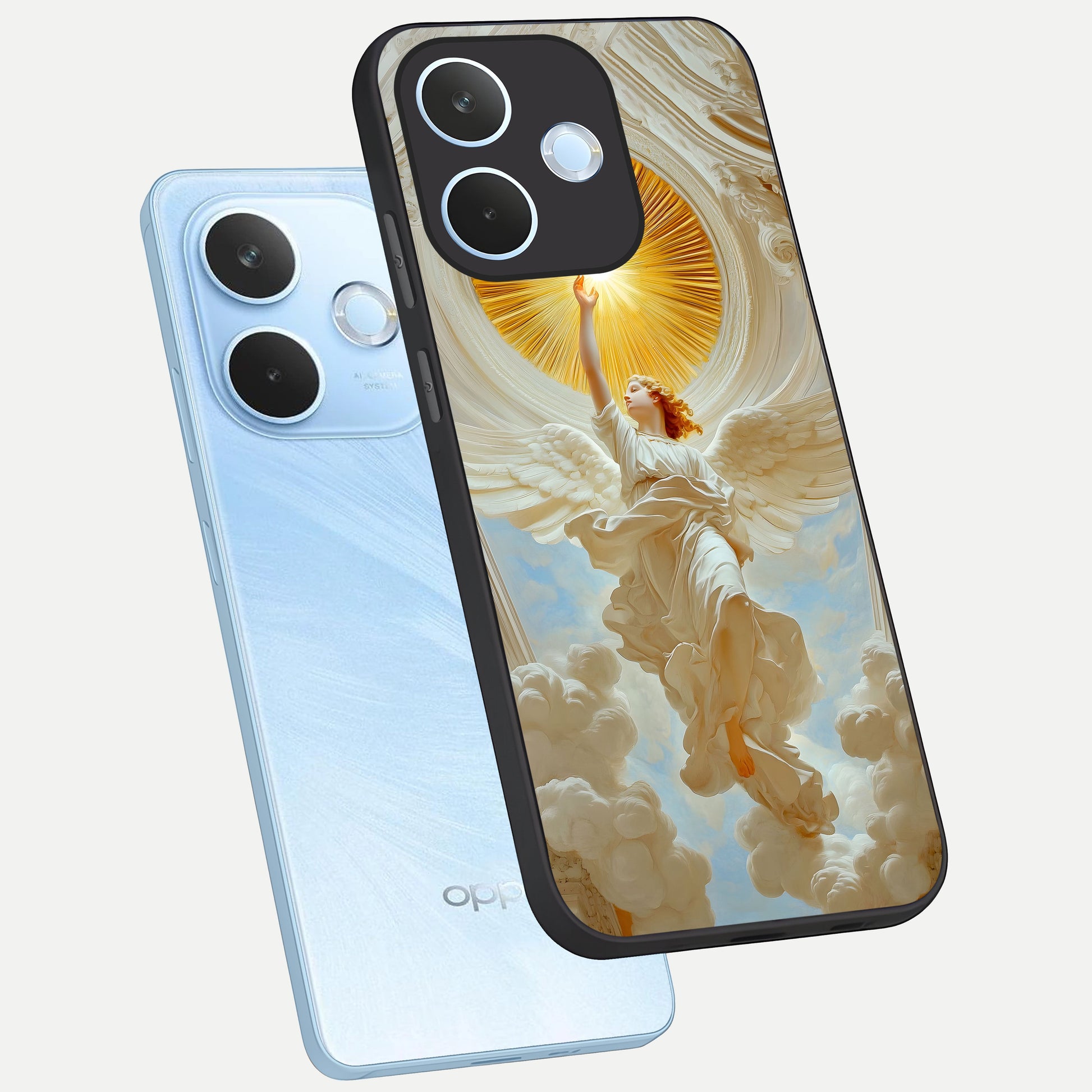  Divine Light Angel phone case For Oppo Reno 15 Pro mini showing premium glass back cover with detailed artwork