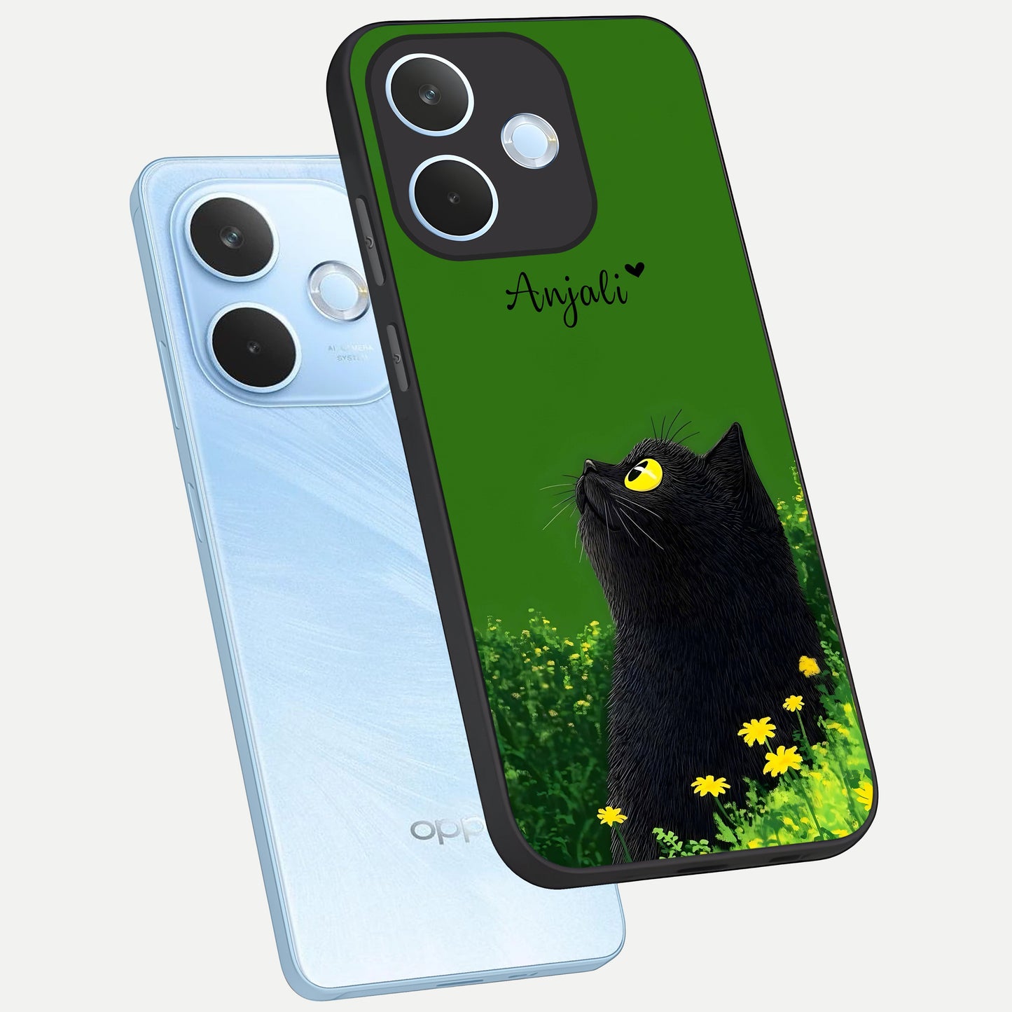  Emerald Cat Custom Name phone case For Oppo Reno 15 Pro mini showing premium glass back cover with detailed artwork