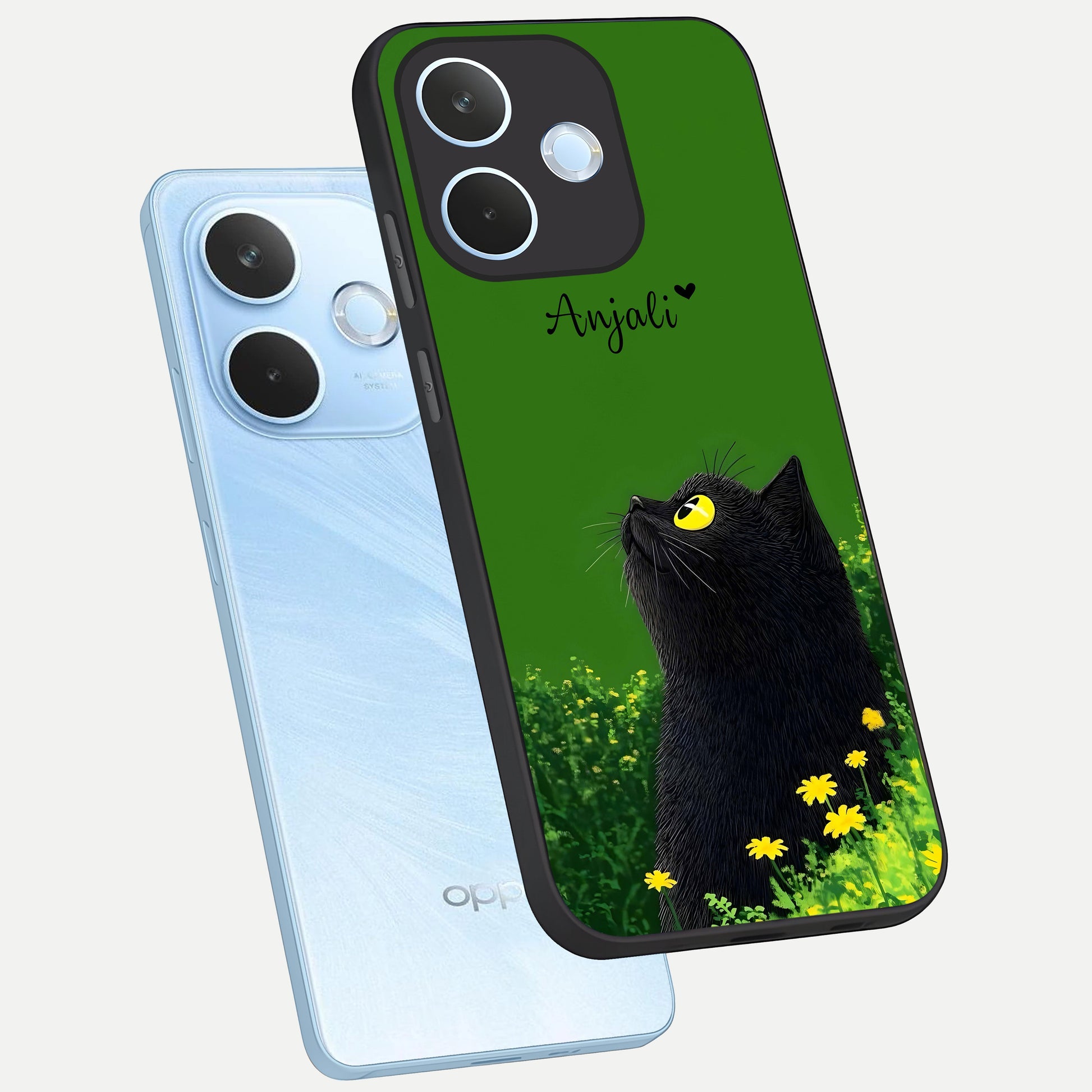  Emerald Cat Custom Name phone case For Oppo Reno 15 Pro mini showing premium glass back cover with detailed artwork