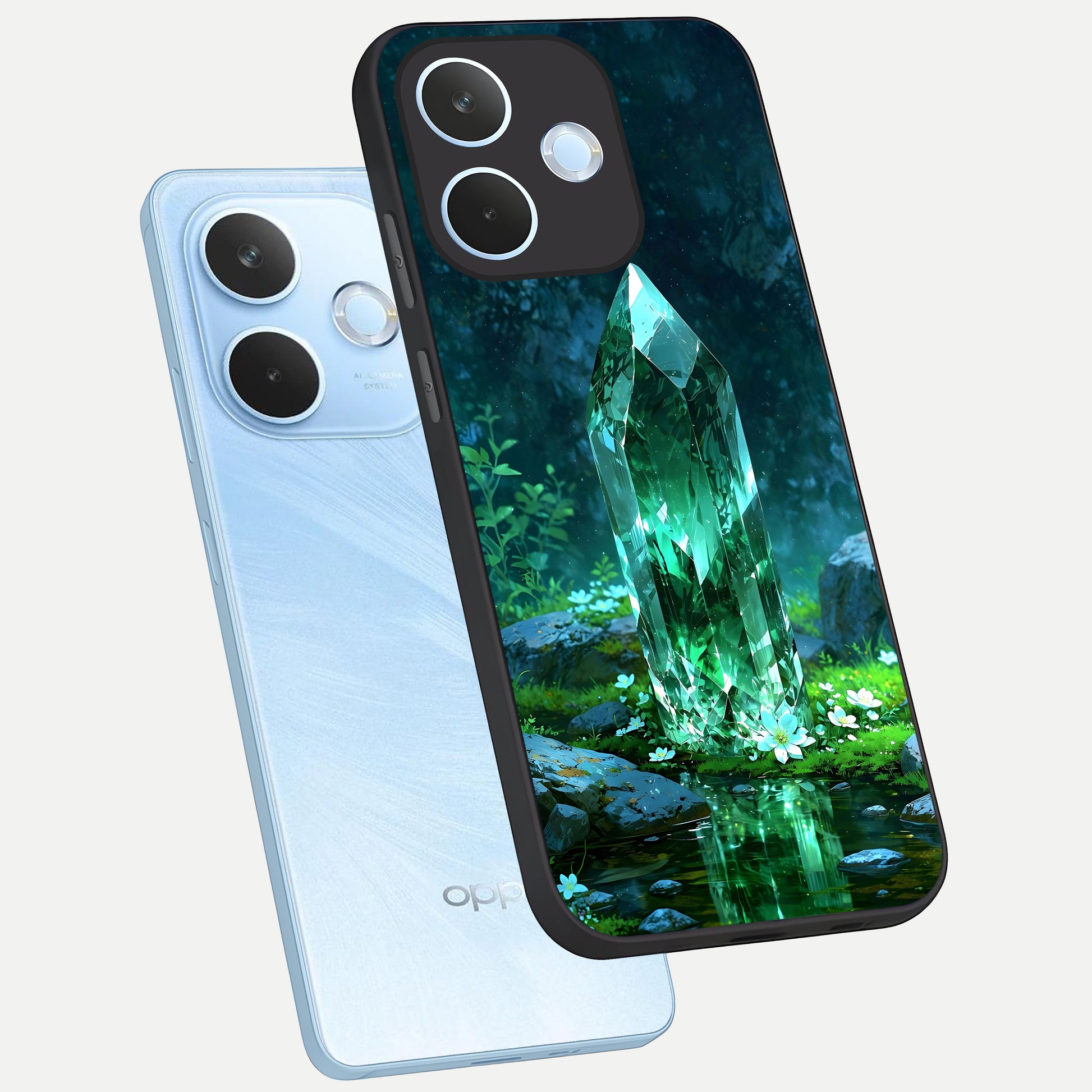  Emerald Light Crystal phone case For Oppo Reno 15 Pro mini showing premium glass back cover with detailed artwork
