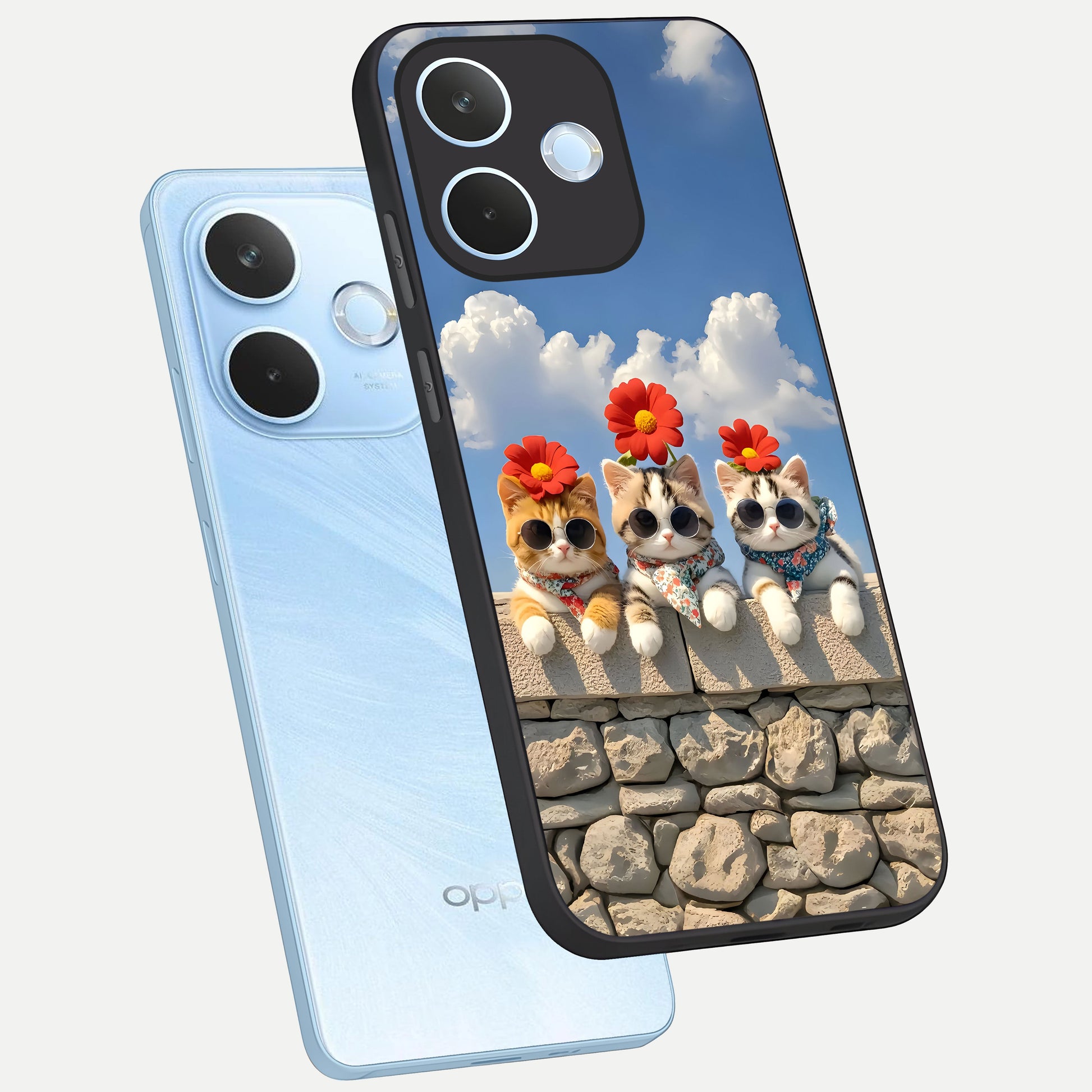  Floral Kitty Squad phone case For Oppo Reno 15 Pro mini showing premium glass back cover with detailed artwork