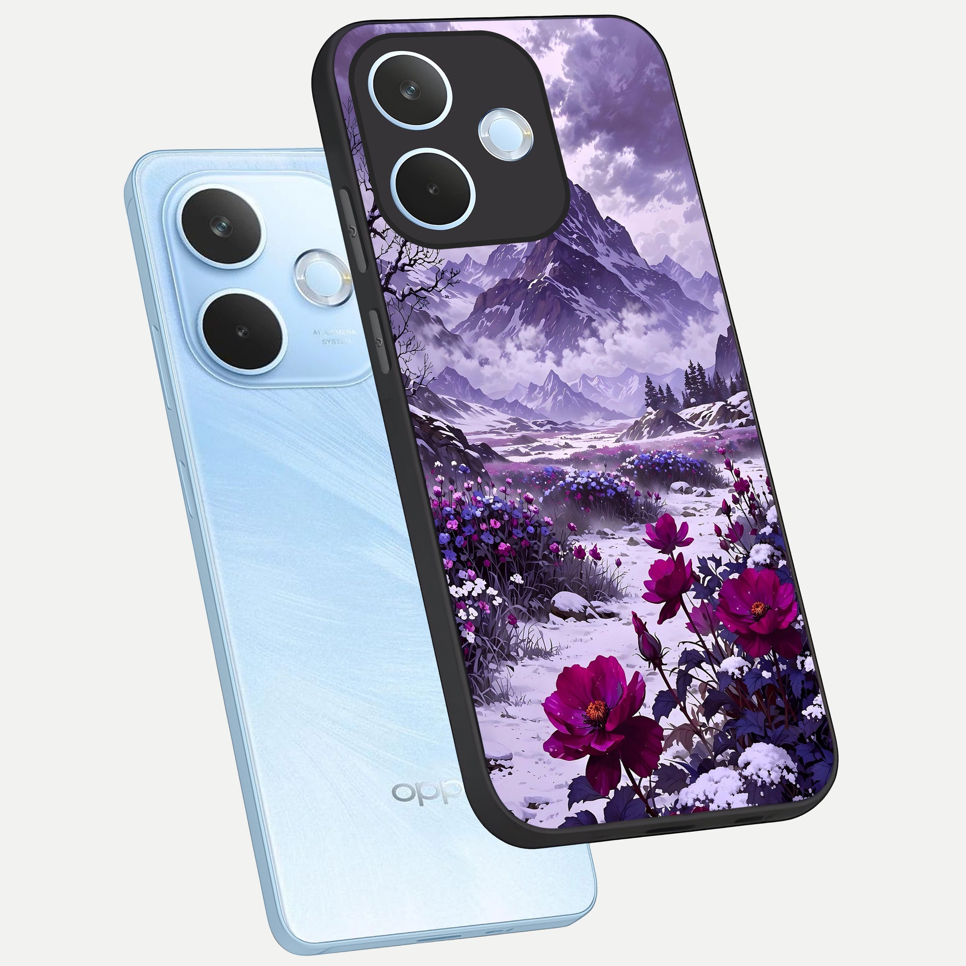  Flower Mountain View phone case For Oppo Reno 15 Pro mini showing premium glass back cover with detailed artwork