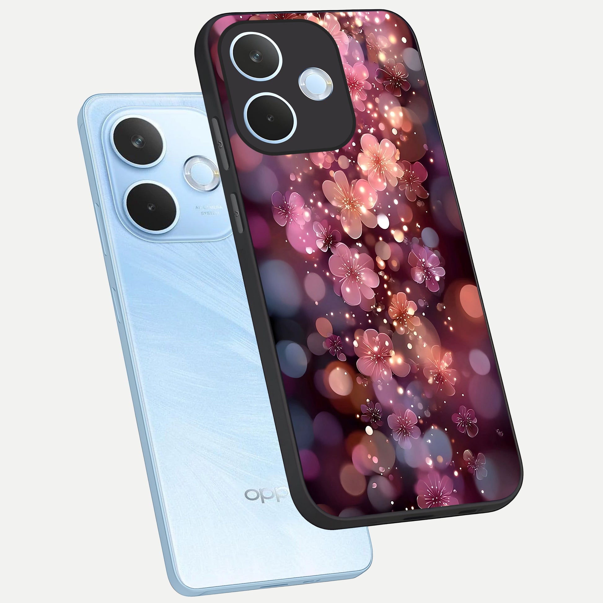  Glowing Petal Bliss phone case For Oppo Reno 15 Pro mini showing premium glass back cover with detailed artwork