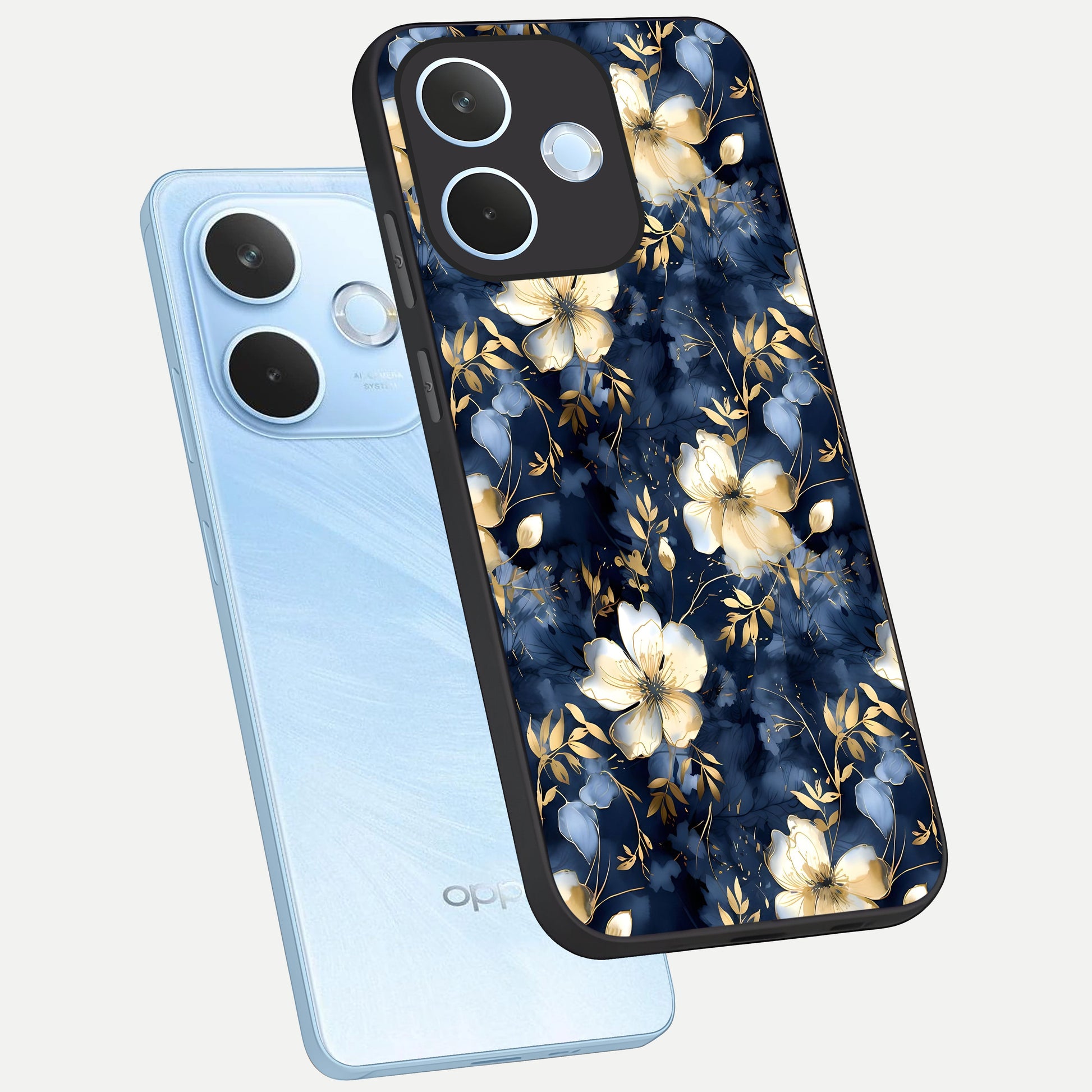  Golden Midnight Bloom phone case For Oppo Reno 15 Pro mini showing premium glass back cover with detailed artwork
