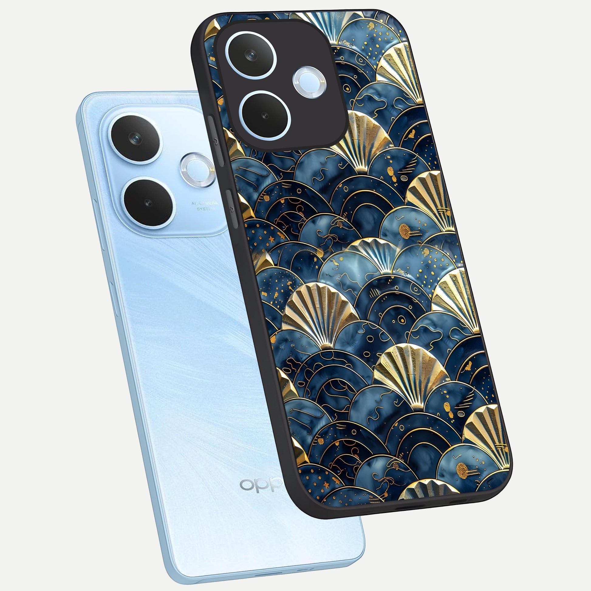  Golden Wave Luxe phone case For Oppo Reno 15 Pro mini showing premium glass back cover with detailed artwork