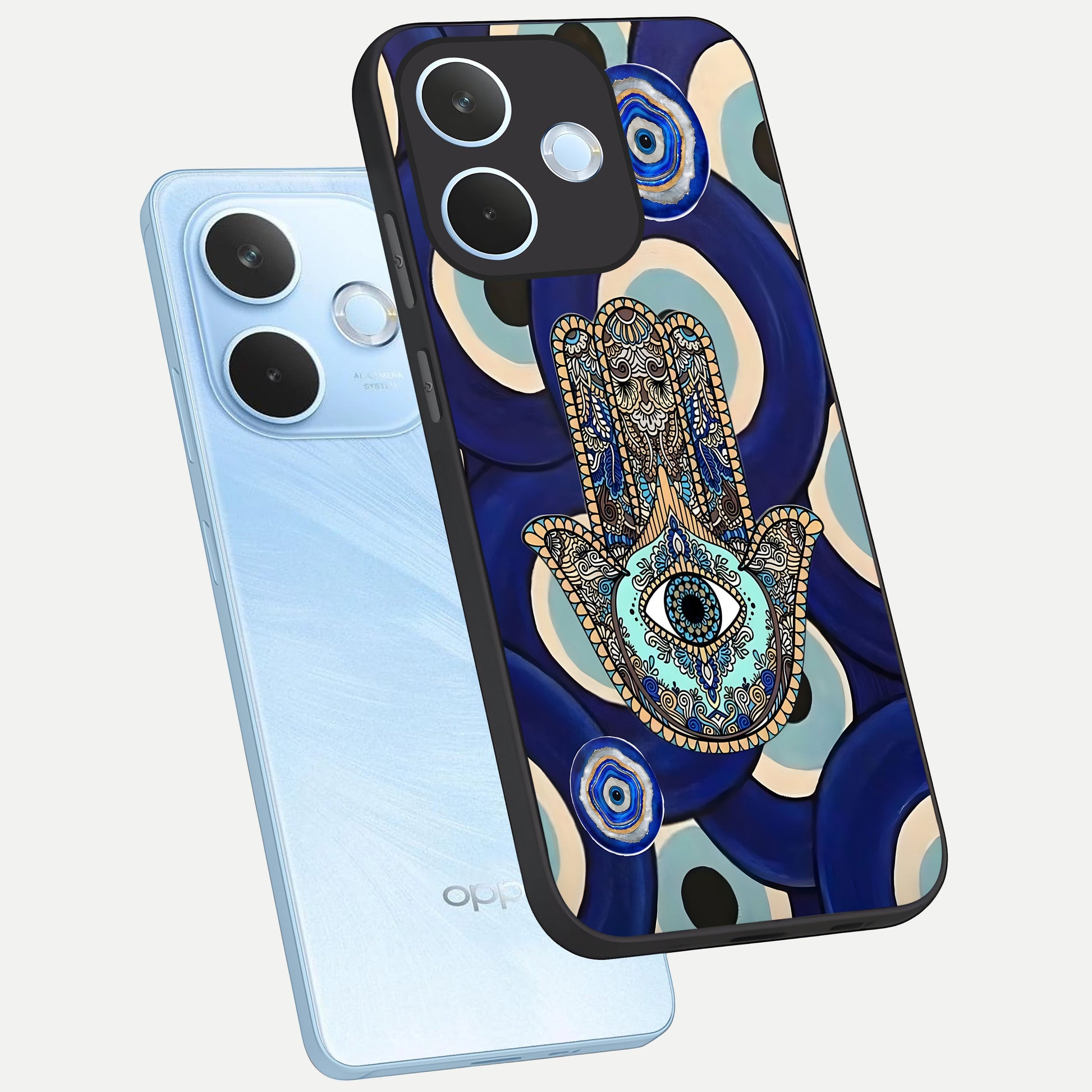  Hamsa Divine Guard phone case For Oppo Reno 15 Pro mini showing premium glass back cover with detailed artwork