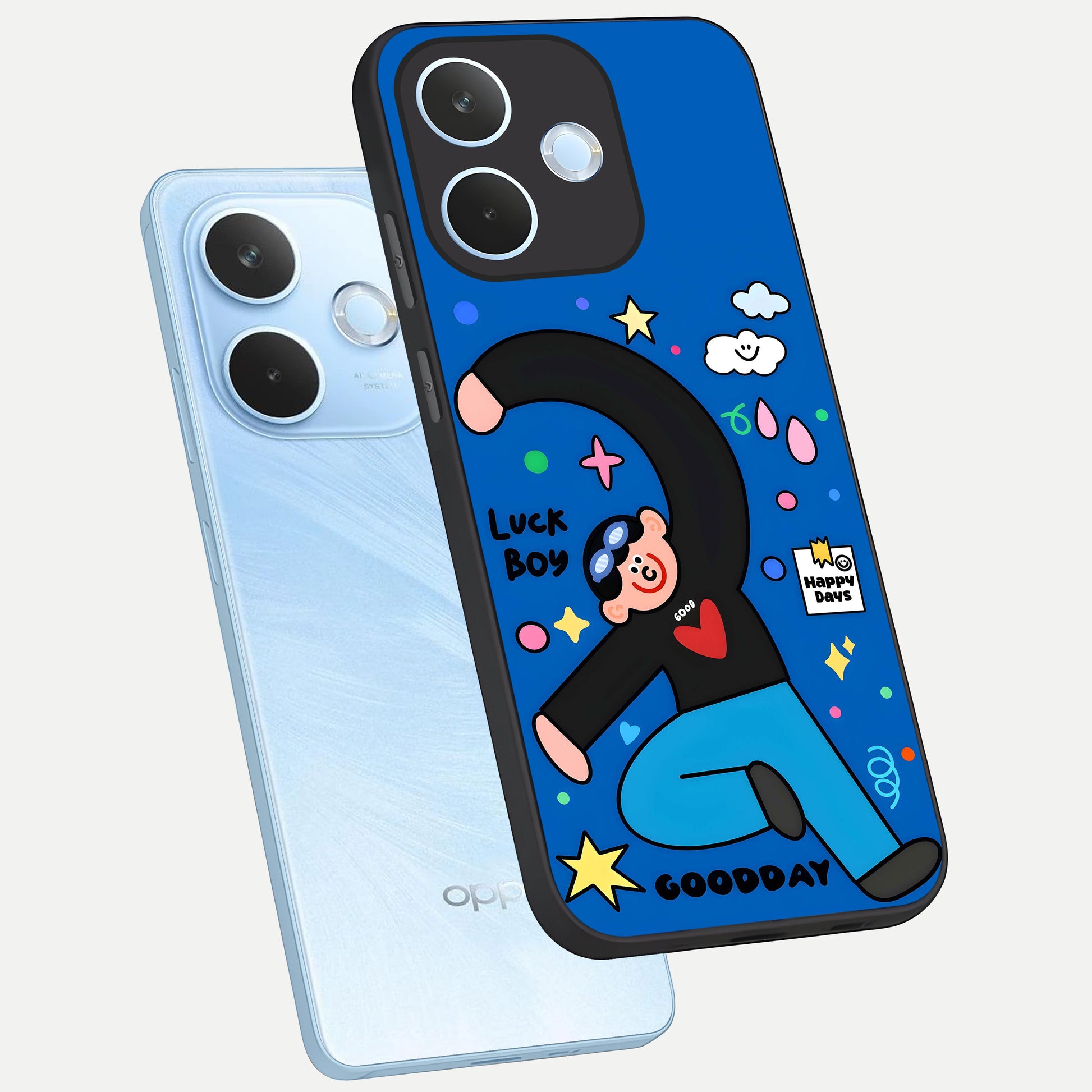  Happy Luck Vibe phone case For Oppo Reno 15 Pro mini showing premium glass back cover with detailed artwork