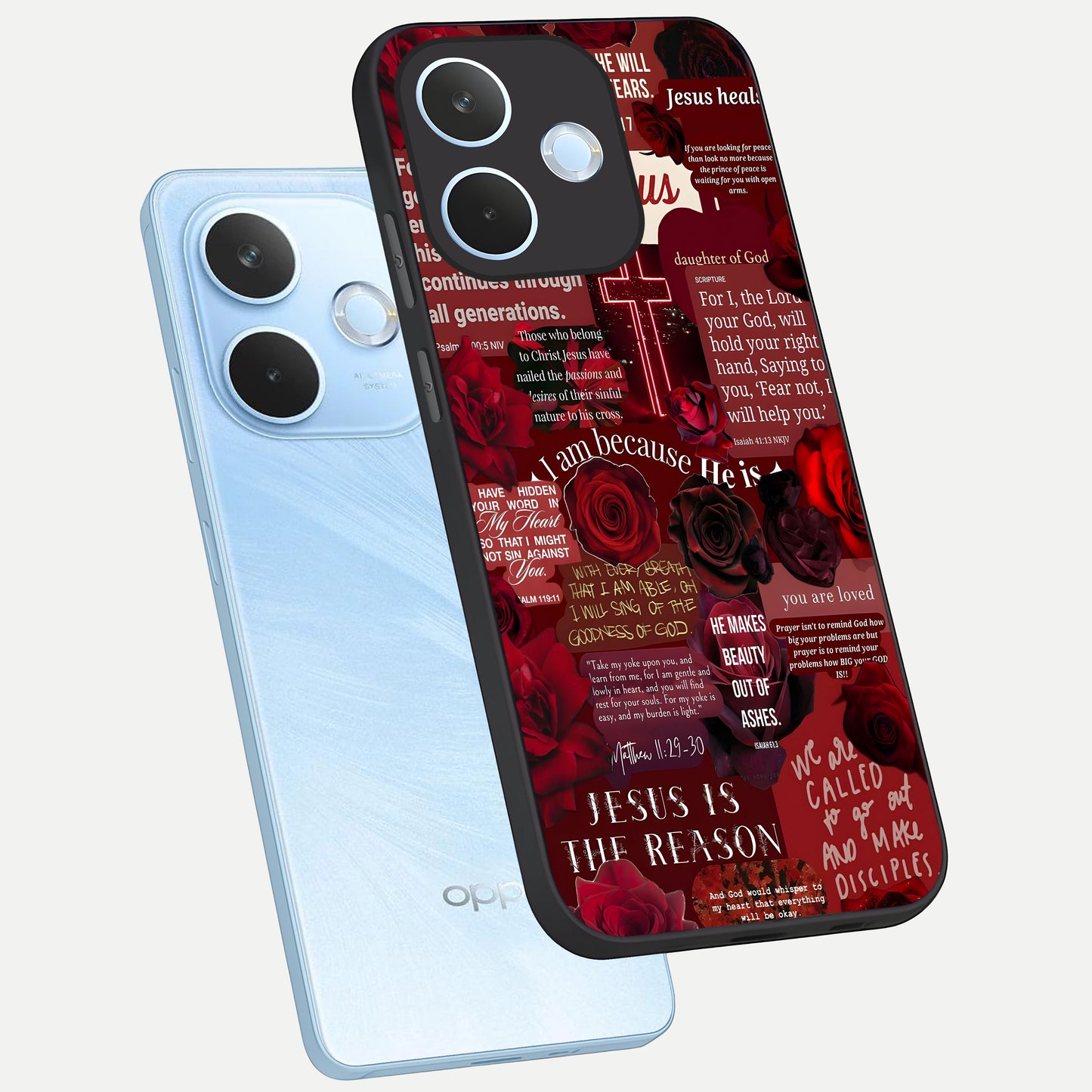  Jesus Love Heals phone case For Oppo Reno 15 Pro mini showing premium glass back cover with detailed artwork