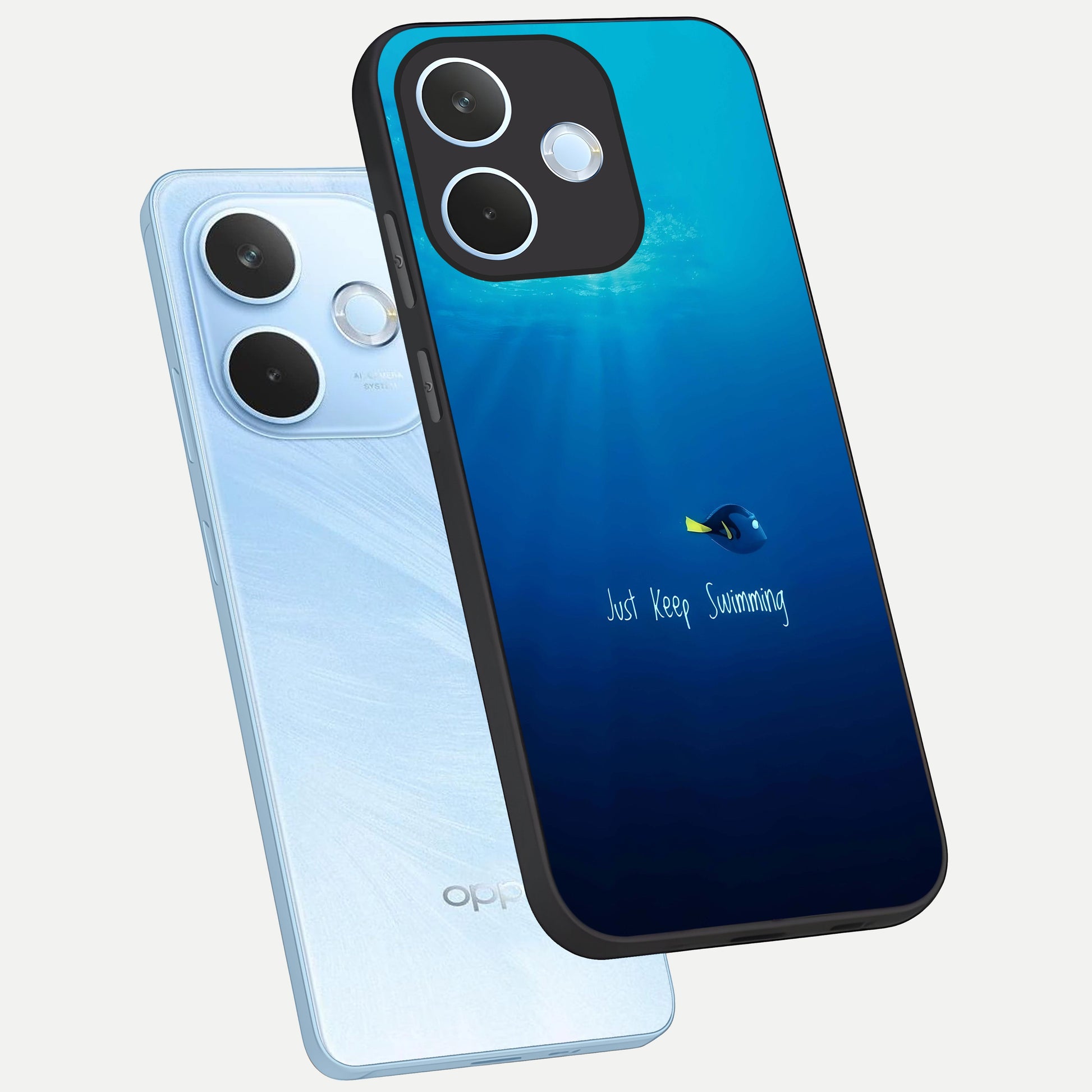  Just Keep Swimming phone case For Oppo Reno 15 Pro mini showing premium glass back cover with detailed artwork