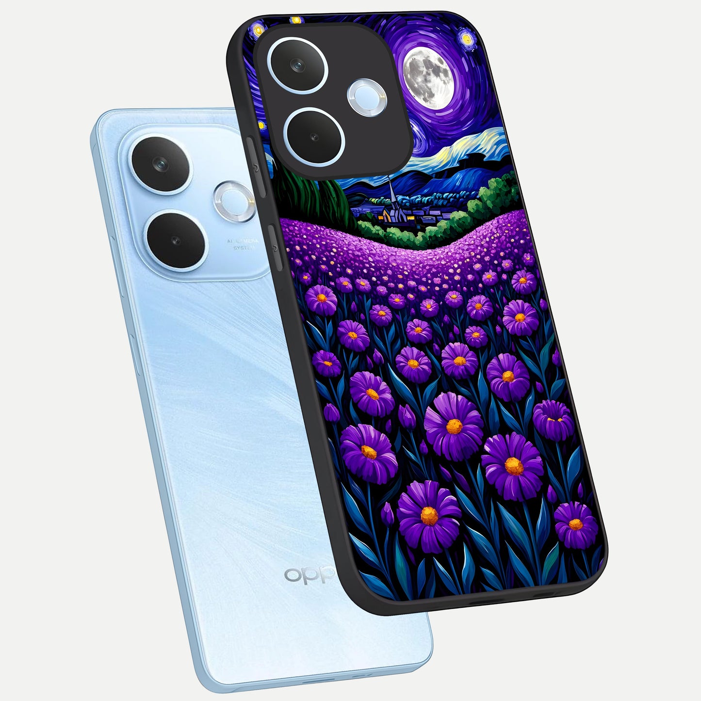  Lavender Moon Field phone case For Oppo Reno 15 Pro mini showing premium glass back cover with detailed artwork