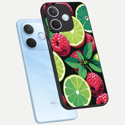  Lime and Raspberry Pattern phone case For Oppo Reno 15 Pro mini showing premium glass back cover with detailed artwork