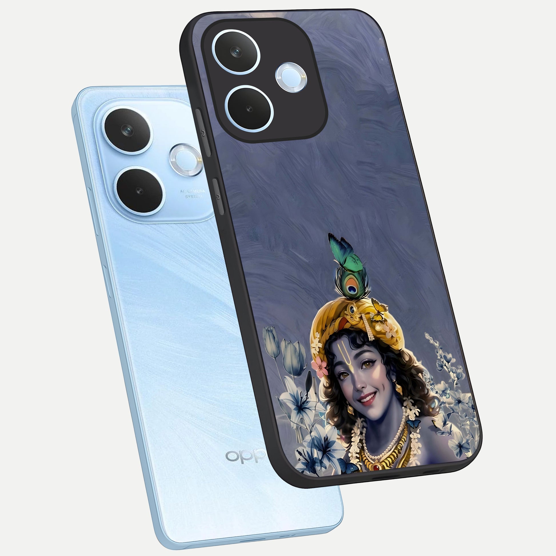  Lord Krishna phone case For Oppo Reno 15 Pro mini showing premium glass back cover with detailed artwork