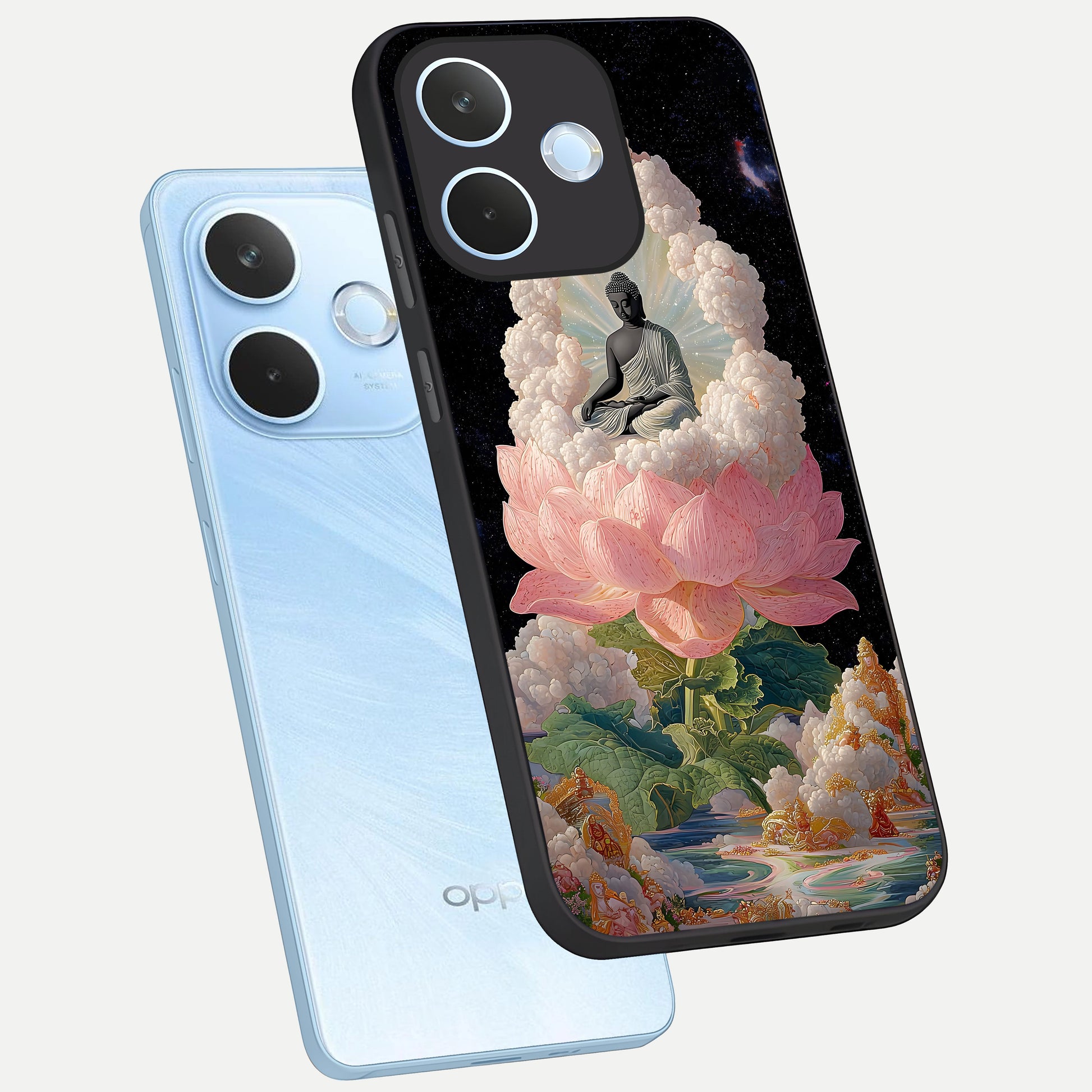  Lotus Divine Peace phone case For Oppo Reno 15 Pro mini showing premium glass back cover with detailed artwork