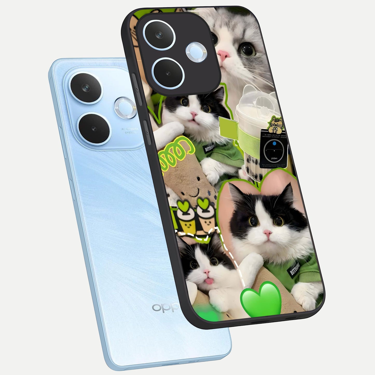  Matcha Cats Mood phone case For Oppo Reno 15 Pro mini showing premium glass back cover with detailed artwork