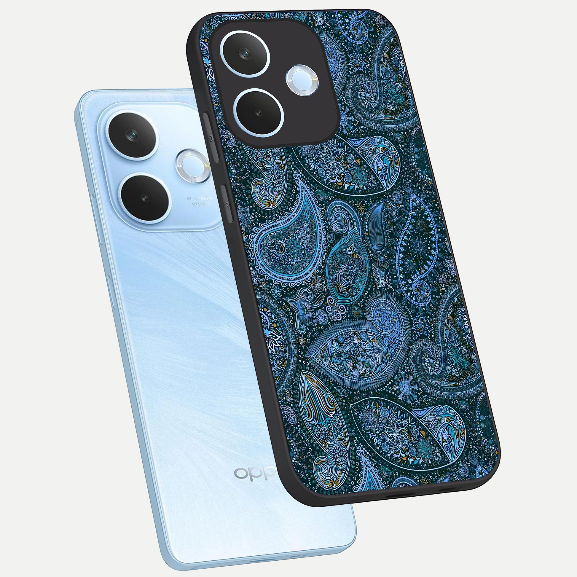  Midnight Paisley Glow phone case For Oppo Reno 15 Pro mini showing premium glass back cover with detailed artwork