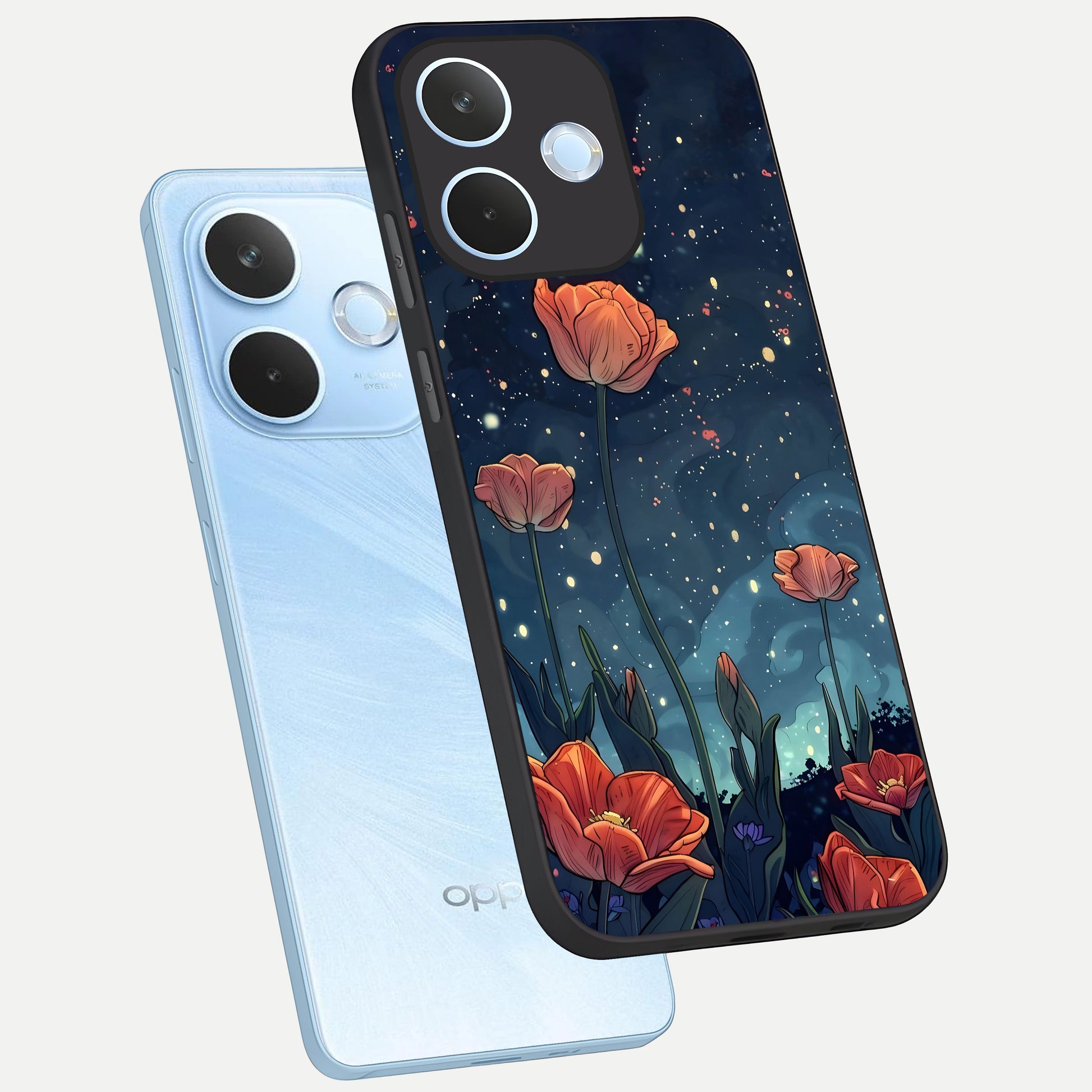  Midnight Tulip Glow phone case For Oppo Reno 15 Pro mini showing premium glass back cover with detailed artwork