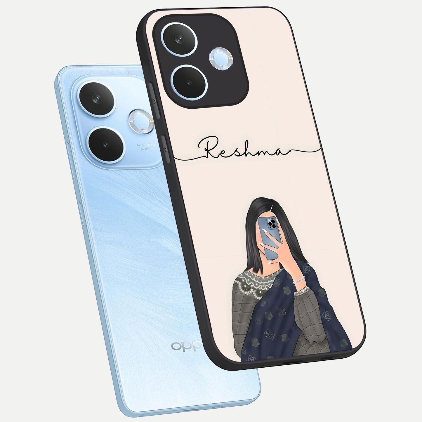  Mirror Mood Muse With Custom Name phone case For Oppo Reno 15 Pro mini showing premium glass back cover with detailed artwork