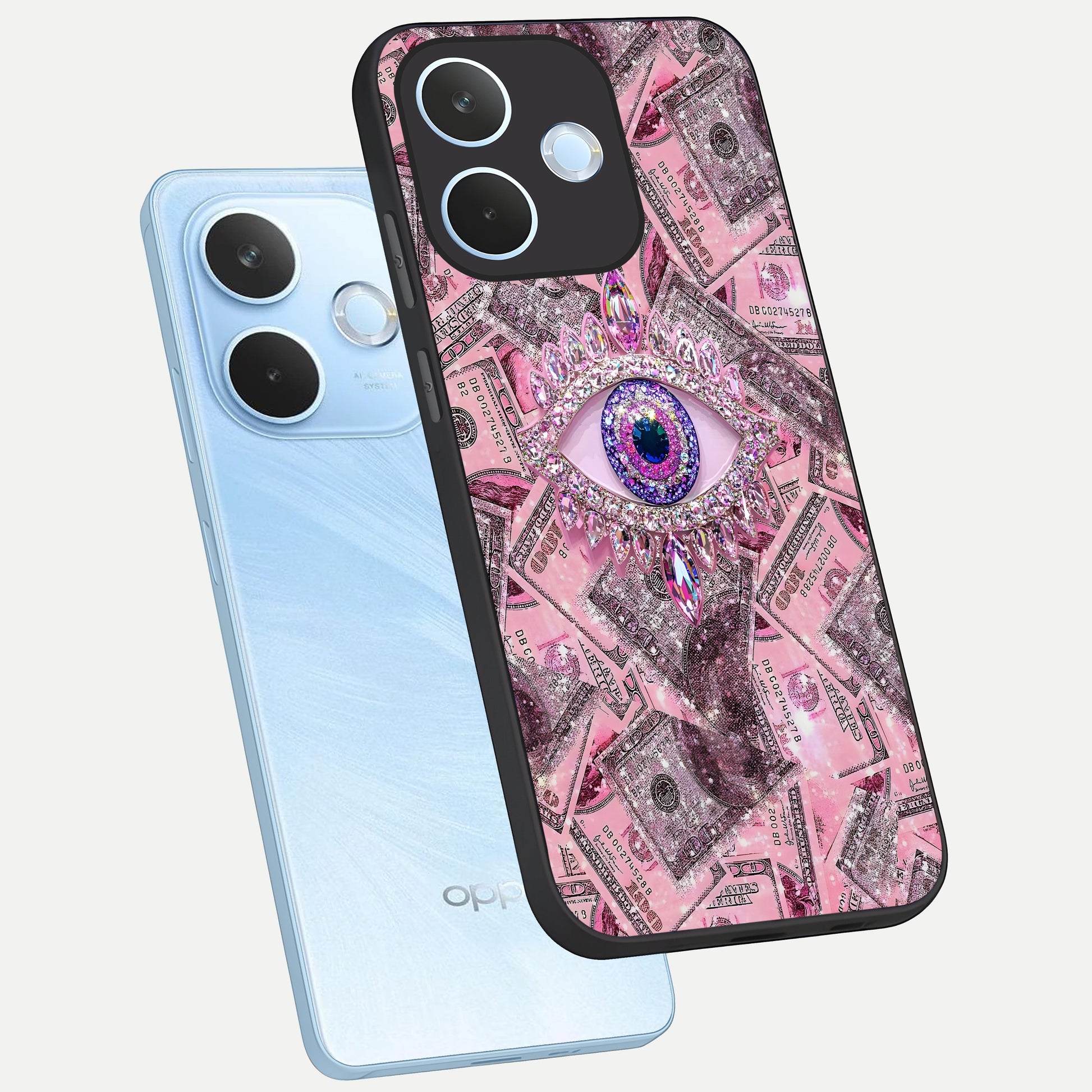  Money Eye Luxe phone case For Oppo Reno 15 Pro mini showing premium glass back cover with detailed artwork