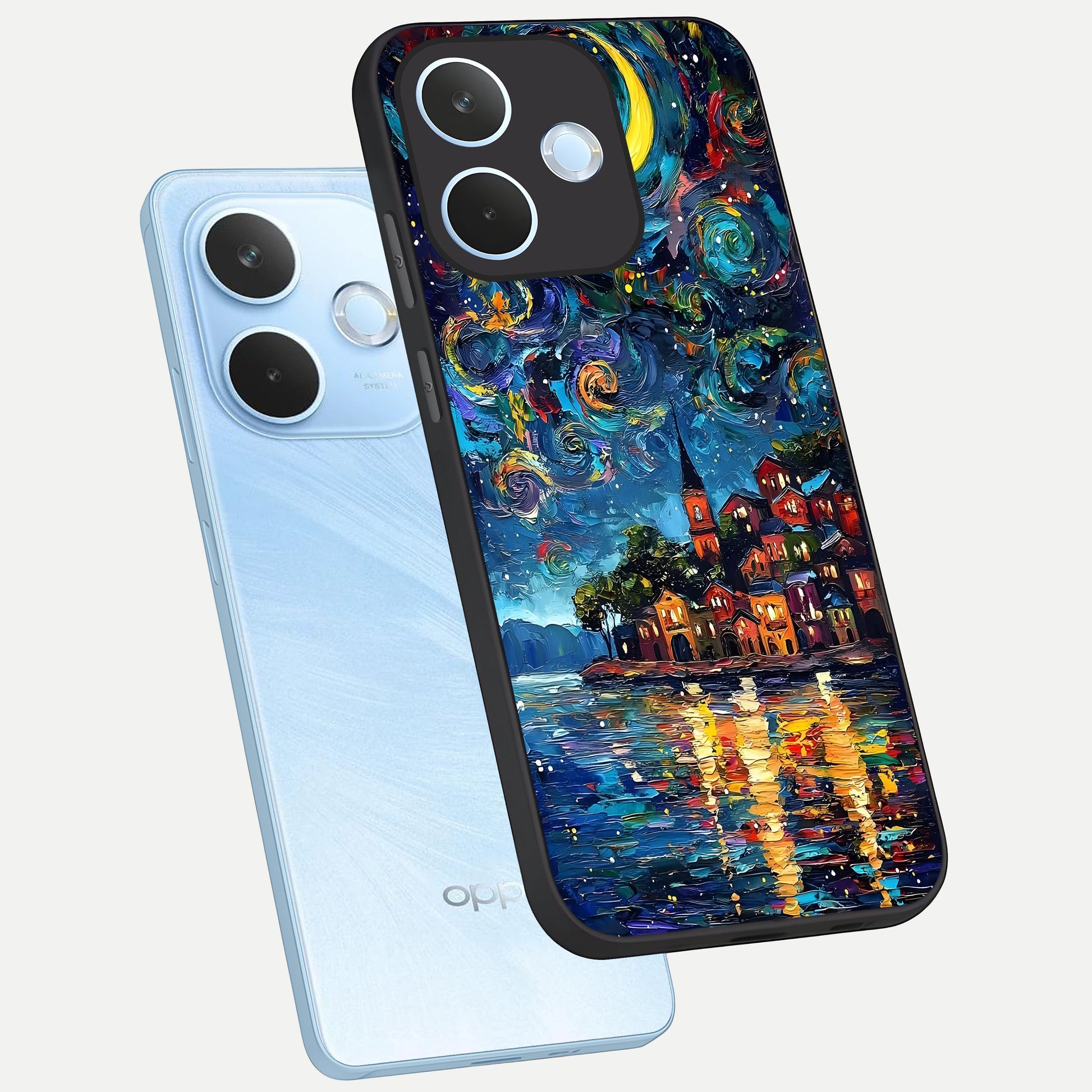  Moonlight Harbor Glow phone case For Oppo Reno 15 Pro mini showing premium glass back cover with detailed artwork