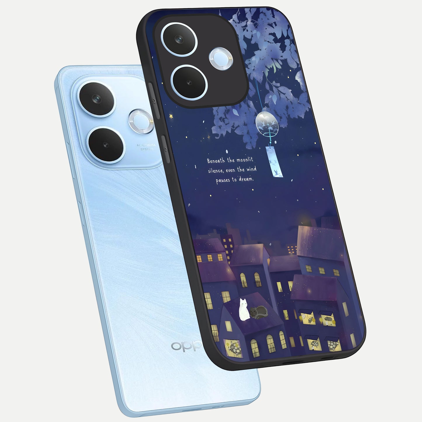  Moonlit Cat Silence phone case For Oppo Reno 15 Pro mini showing premium glass back cover with detailed artwork