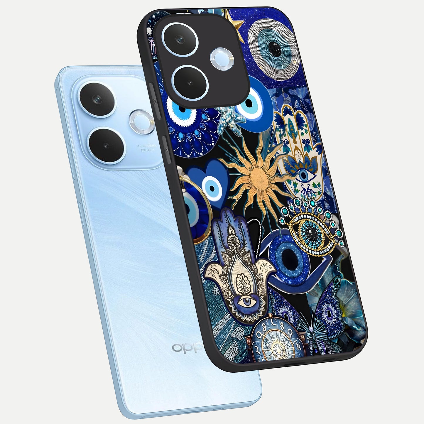  Mystic Blue Evil Eye phone case For Oppo Reno 15 Pro mini showing premium glass back cover with detailed artwork