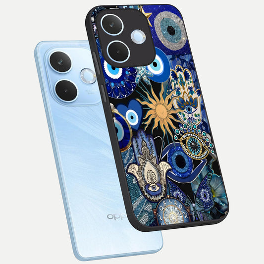  Mystic Blue Evil Eye phone case For Oppo Reno 15 Pro mini showing premium glass back cover with detailed artwork