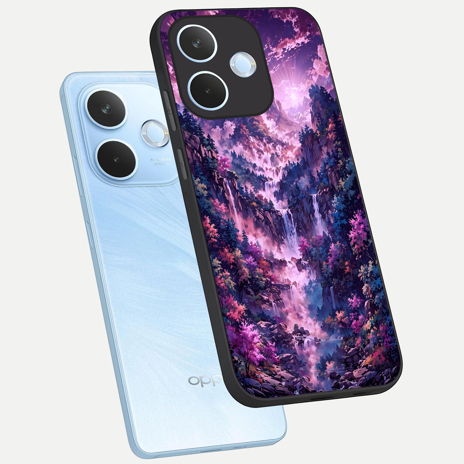  Mystic Cascade Peaks phone case For Oppo Reno 15 Pro mini showing premium glass back cover with detailed artwork