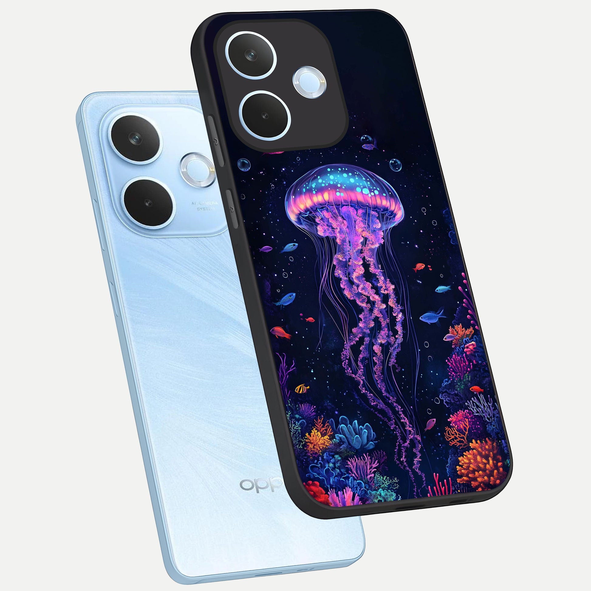  Neon Jellyfish phone case For Oppo Reno 15 Pro mini showing premium glass back cover with detailed artwork