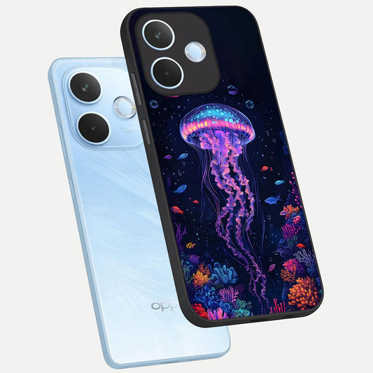  Neon Jellyfish phone case For Oppo Reno 15 Pro mini showing premium glass back cover with detailed artwork