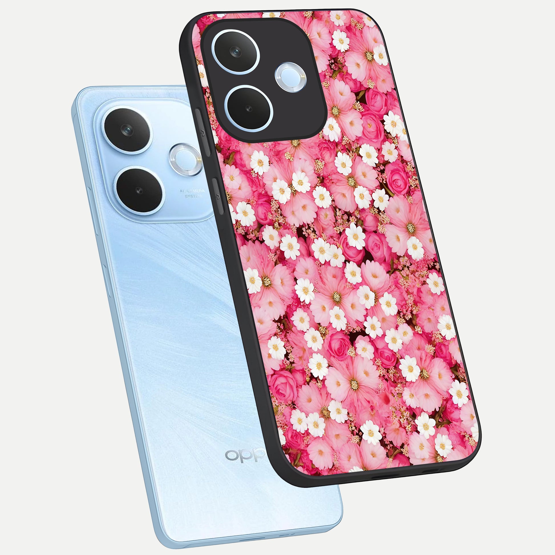  Pink Daisy Bliss phone case For Oppo Reno 15 Pro mini showing premium glass back cover with detailed artwork
