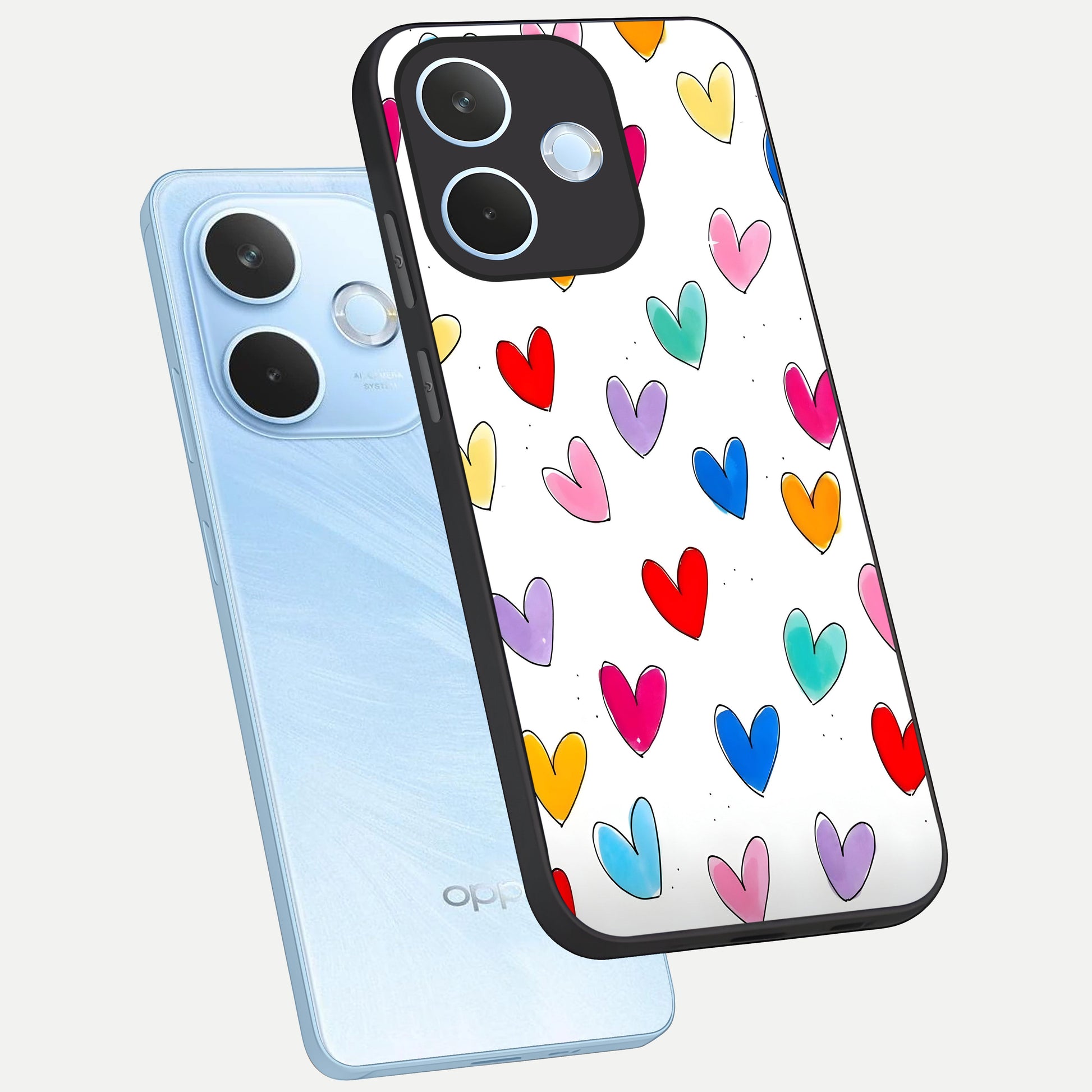  Playful Love Doodles phone case For Oppo Reno 15 Pro mini showing premium glass back cover with detailed artwork
