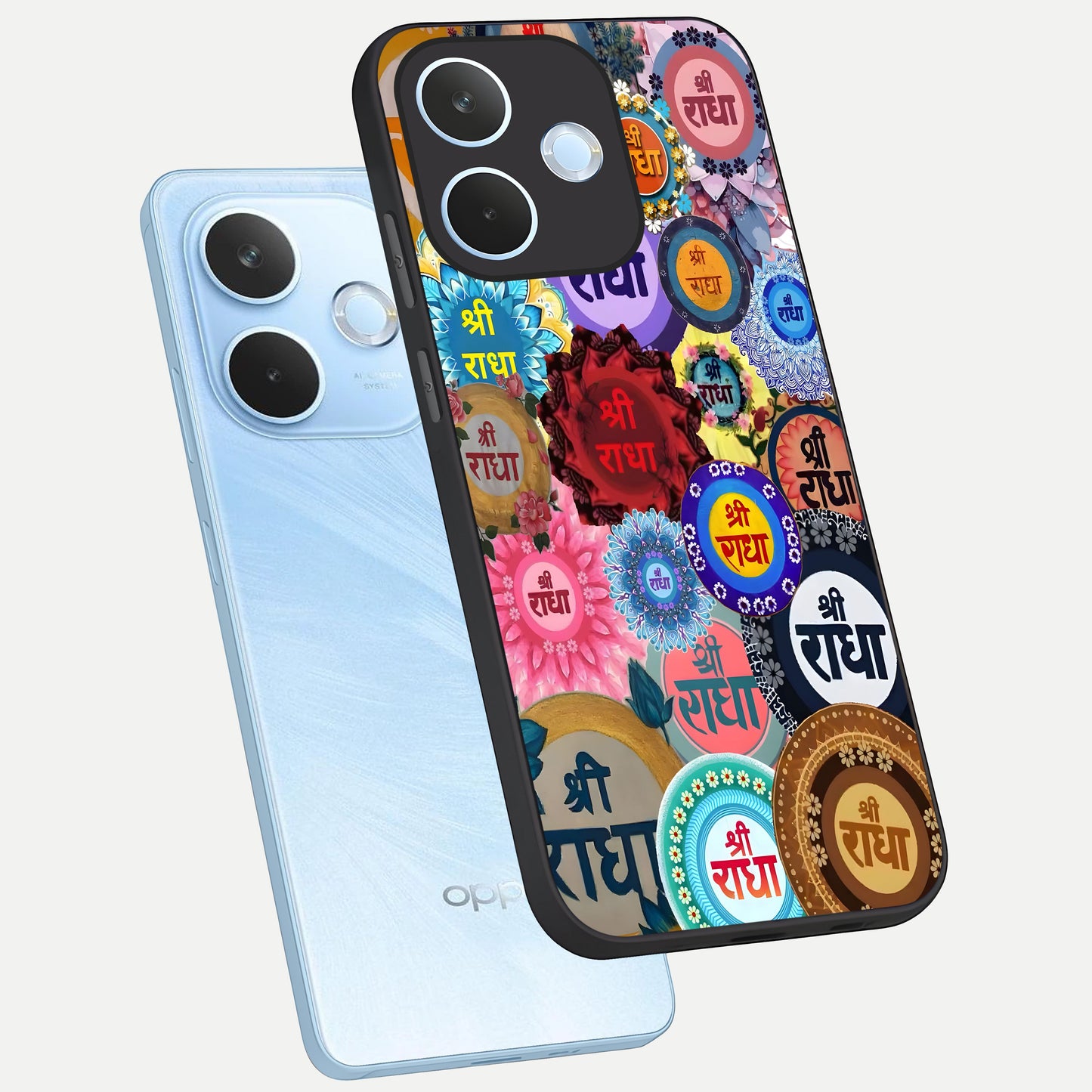  Radha Divine Bloom phone case For Oppo Reno 15 Pro mini showing premium glass back cover with detailed artwork