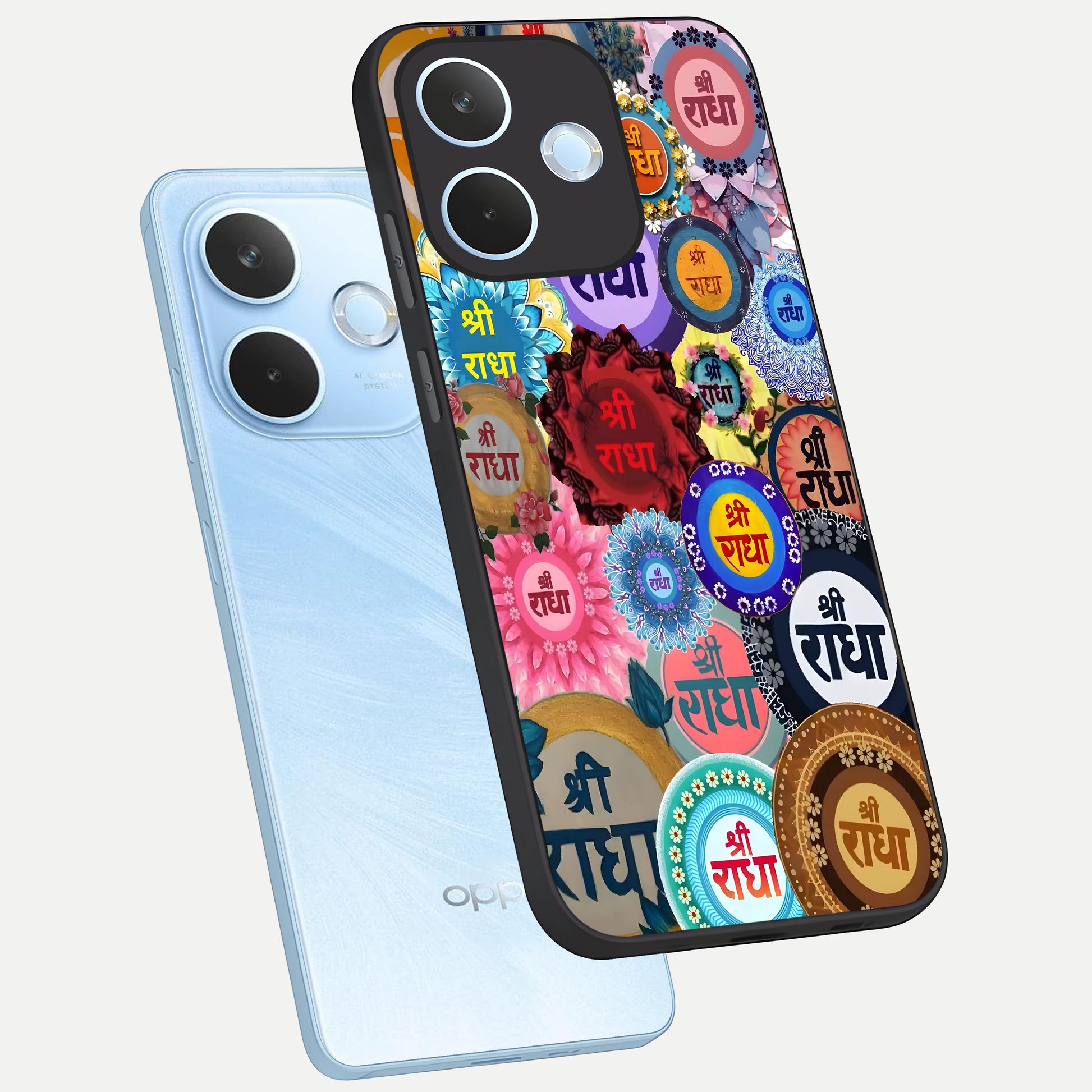  Radha Divine Bloom phone case For Oppo Reno 15 Pro mini showing premium glass back cover with detailed artwork