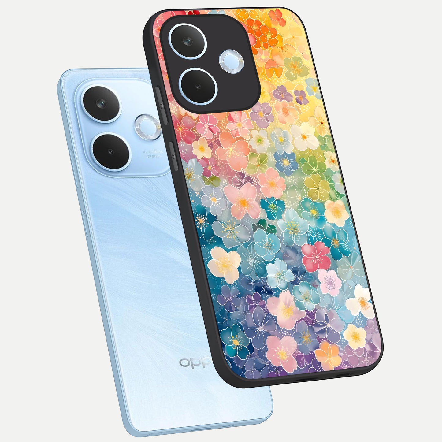  Rainbow Blossom Burst phone case For Oppo Reno 15 Pro mini showing premium glass back cover with detailed artwork