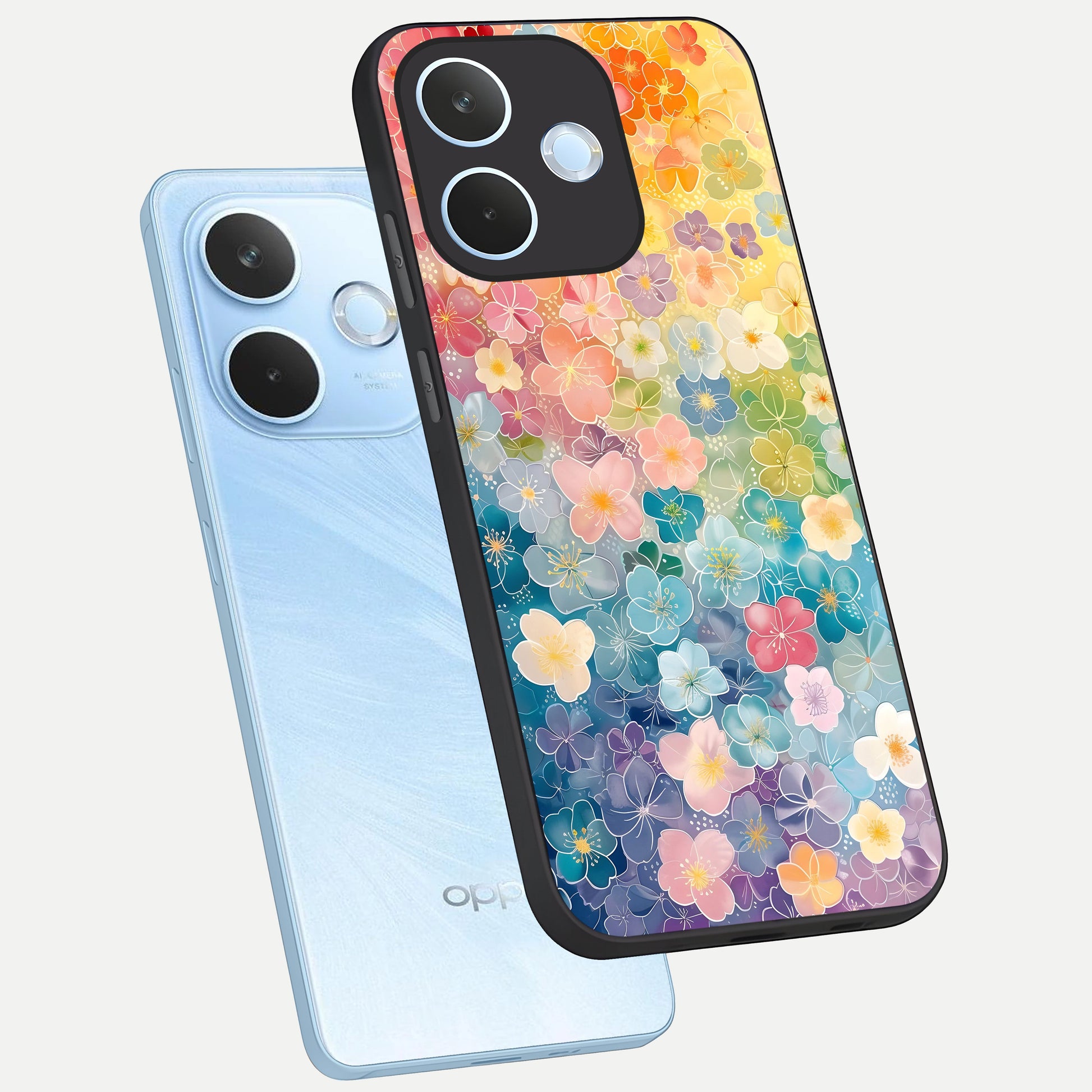  Rainbow Blossom Burst phone case For Oppo Reno 15 Pro mini showing premium glass back cover with detailed artwork