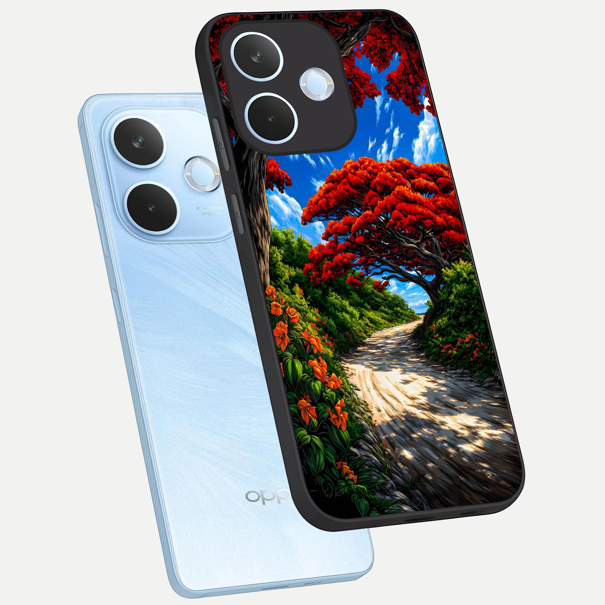  Red Trees Pathway phone case For Oppo Reno 15 Pro mini showing premium glass back cover with detailed artwork