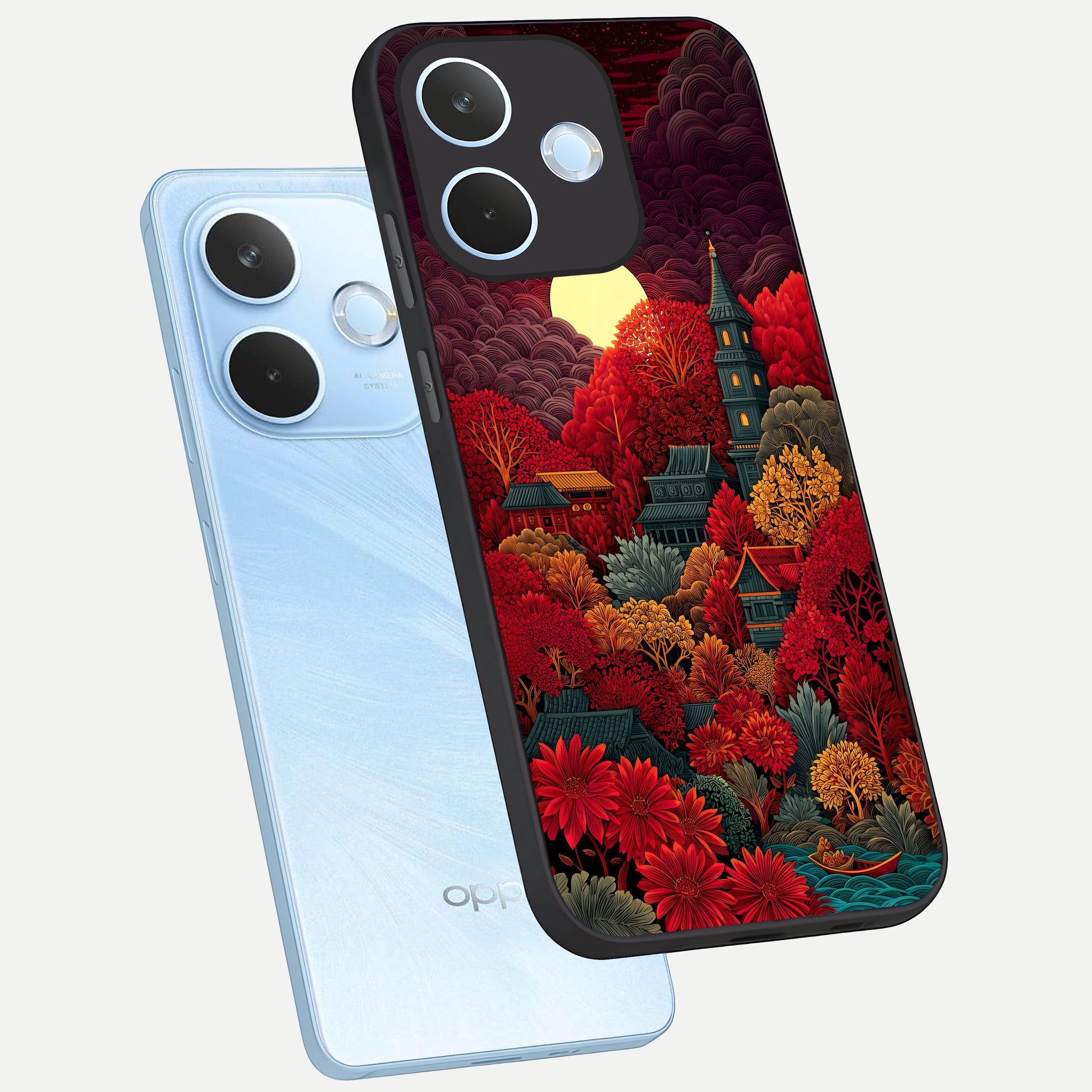  Scarlet Autumn Temple phone case For Oppo Reno 15 Pro mini showing premium glass back cover with detailed artwork