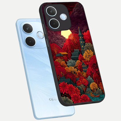  Scarlet Autumn Temple phone case For Oppo Reno 15 Pro mini showing premium glass back cover with detailed artwork