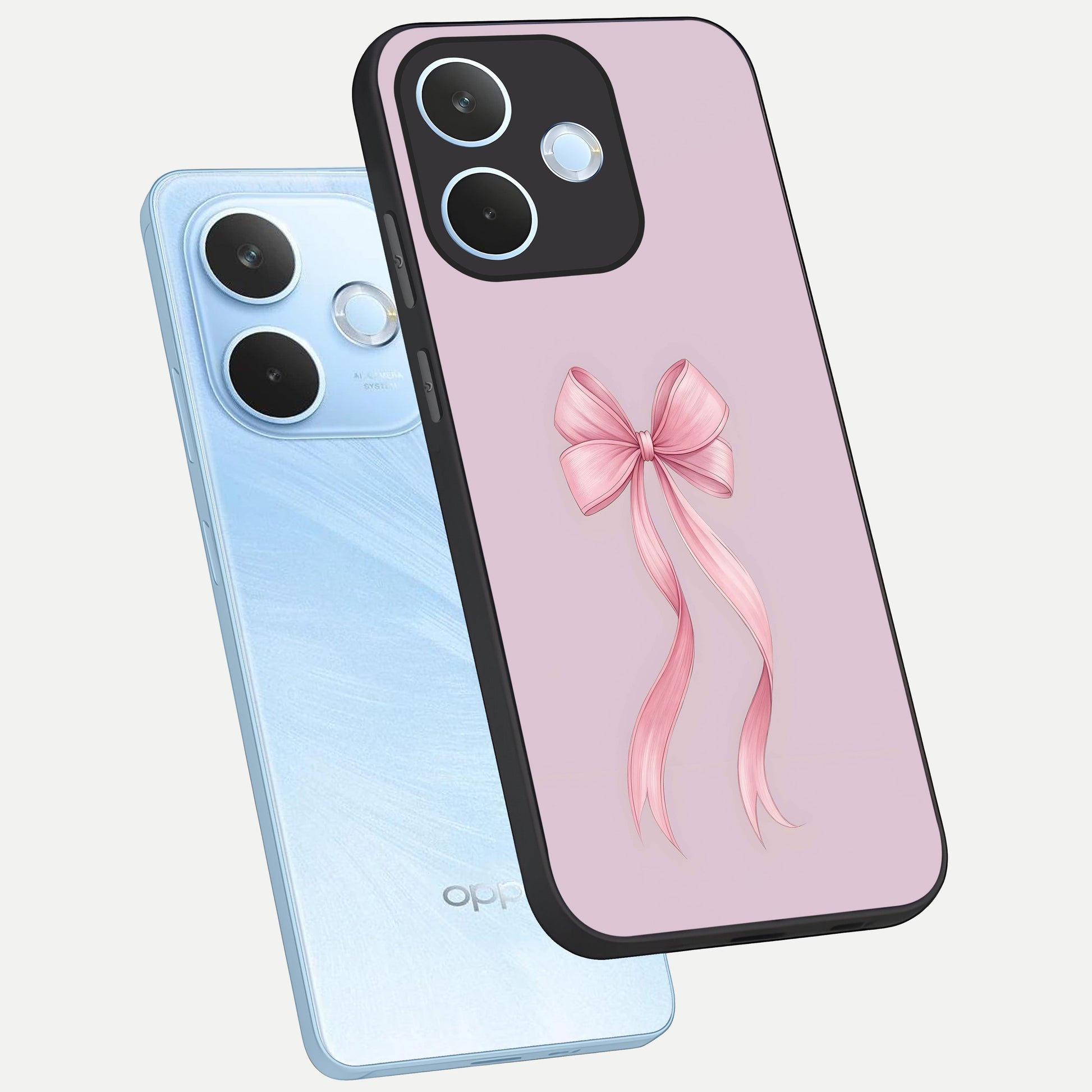  Soft Blush Bow phone case For Oppo Reno 15 Pro mini showing premium glass back cover with detailed artwork