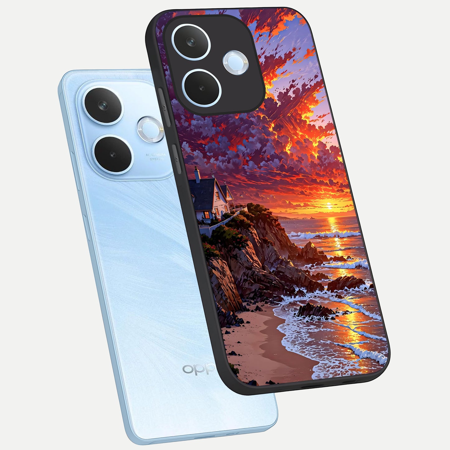  Sunset House By Sea phone case For Oppo Reno 15 Pro mini showing premium glass back cover with detailed artwork