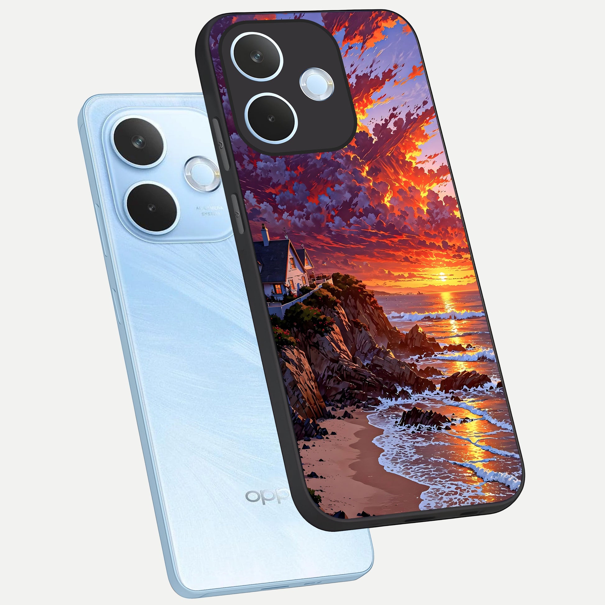  Sunset House By Sea phone case For Oppo Reno 15 Pro mini showing premium glass back cover with detailed artwork