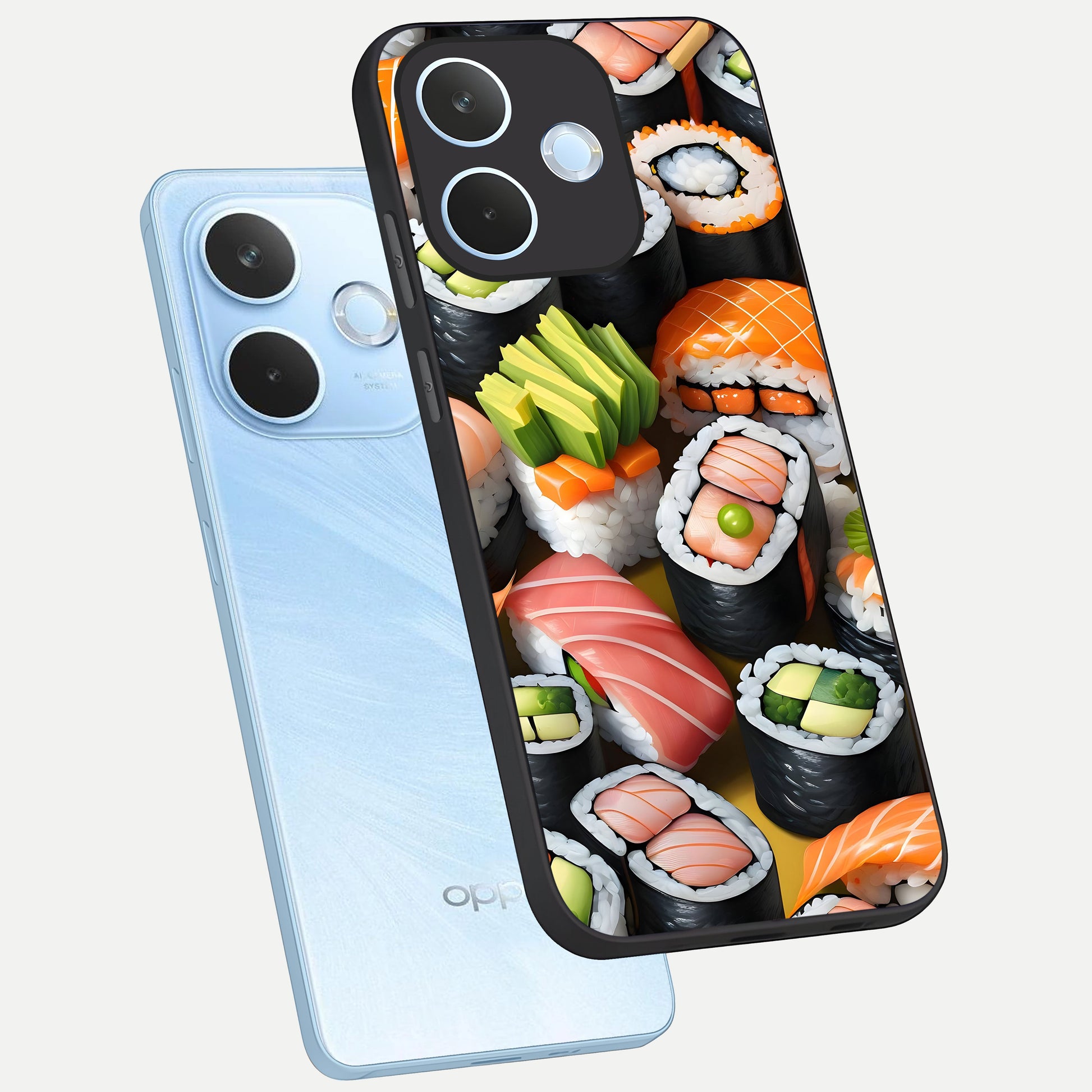  Sushi Food Pattern phone case For Oppo Reno 15 Pro mini showing premium glass back cover with detailed artwork