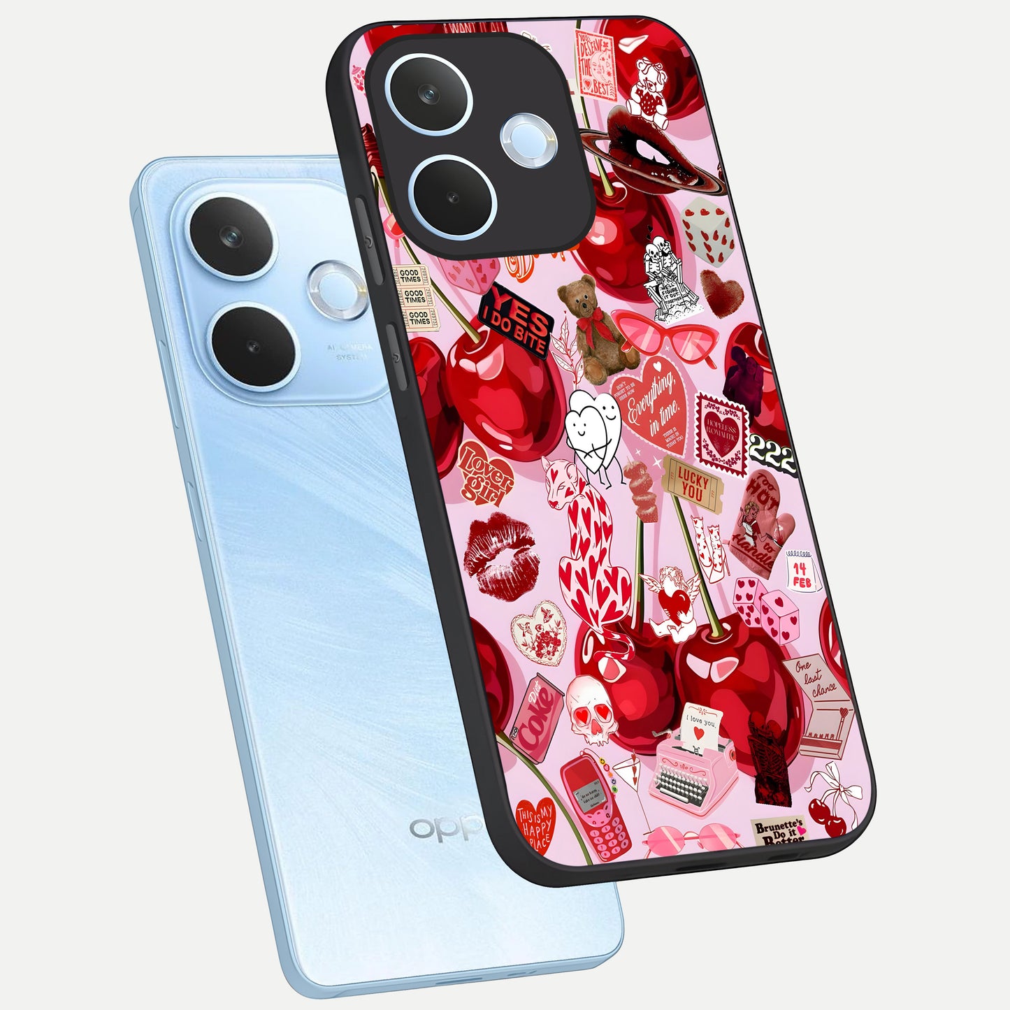  Sweet Cherry Chaos phone case For Oppo Reno 15 Pro mini showing premium glass back cover with detailed artwork