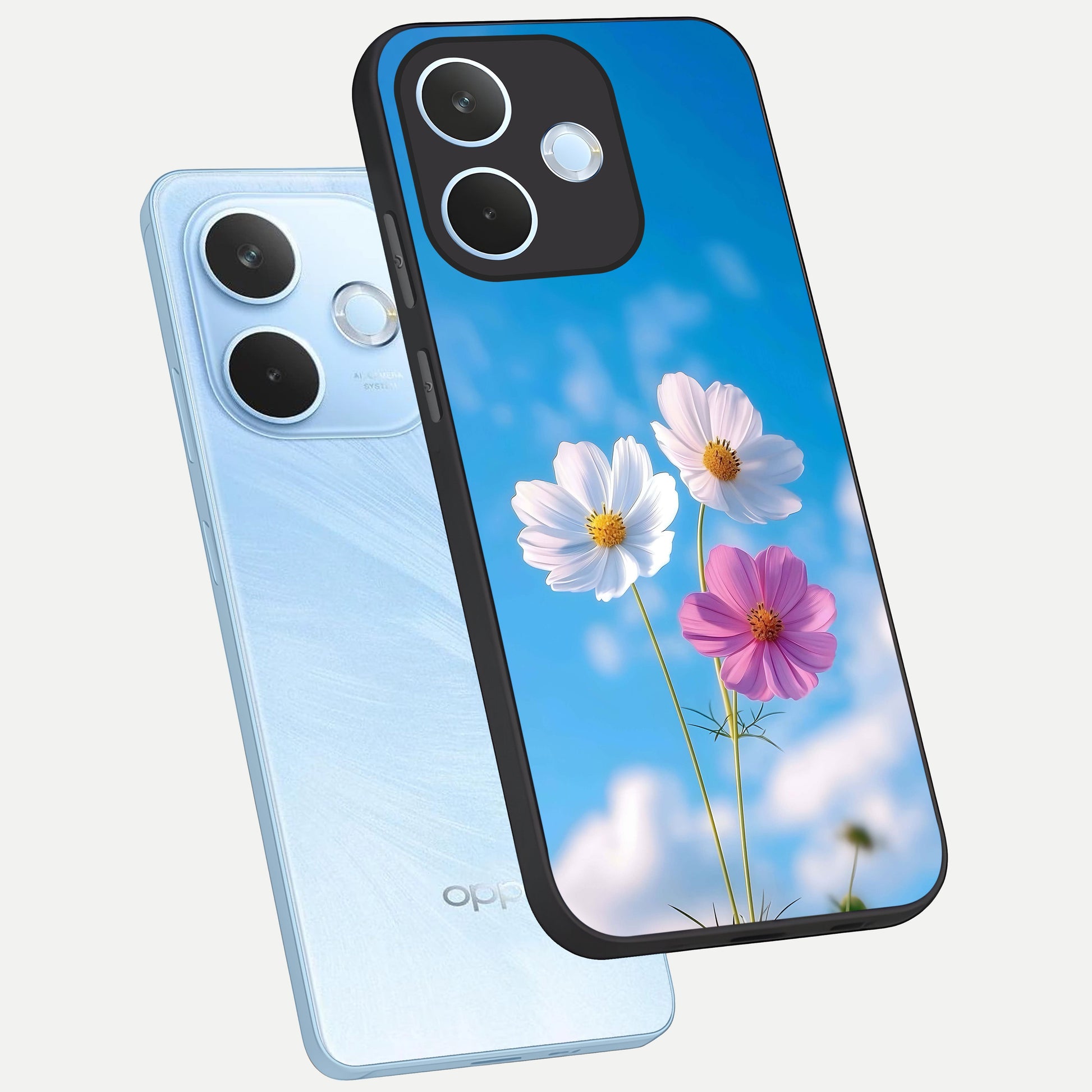  Tripple Flowers With Sky phone case For Oppo Reno 15 Pro mini showing premium glass back cover with detailed artwork