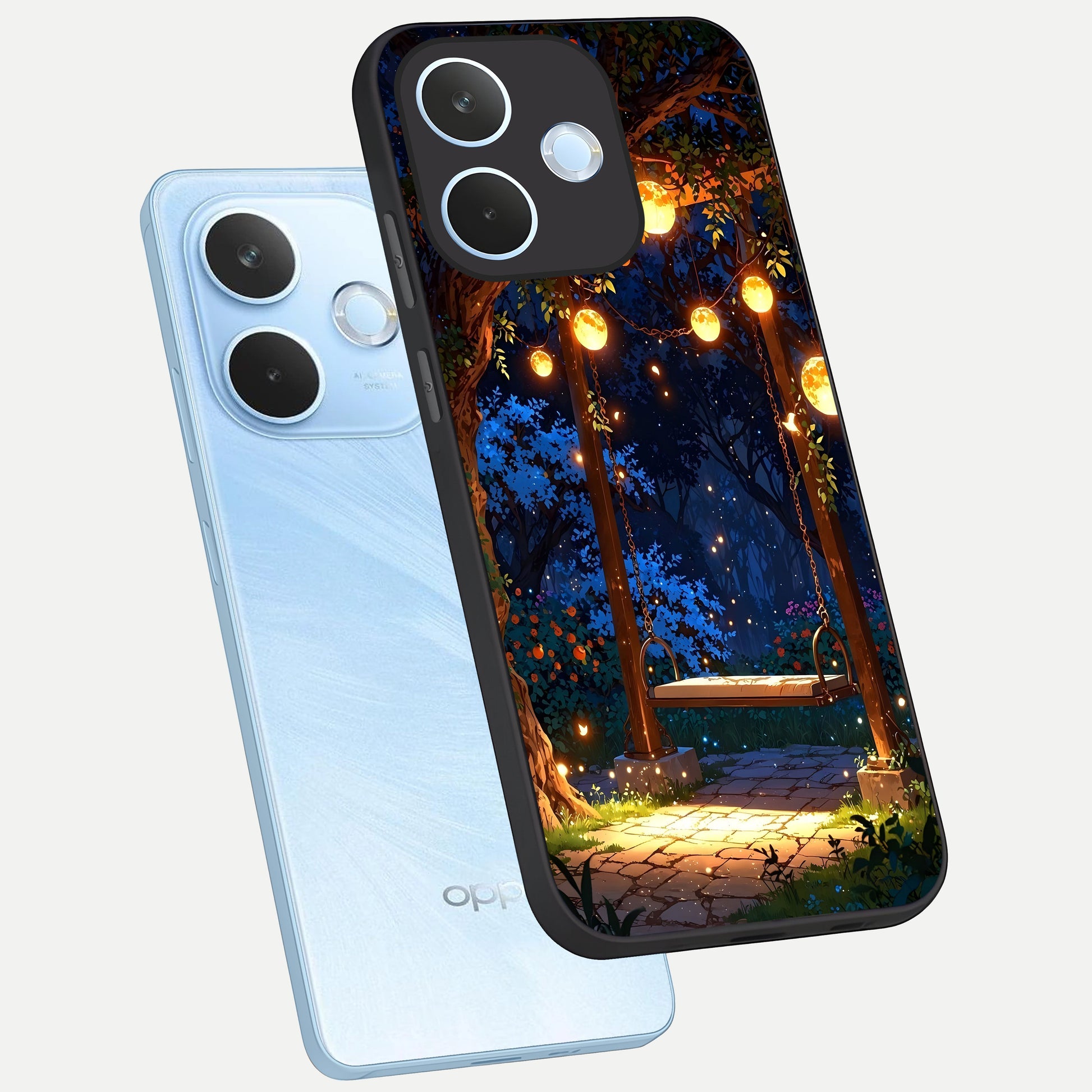  Twilight Garden Swing phone case For Oppo Reno 15 Pro mini showing premium glass back cover with detailed artwork