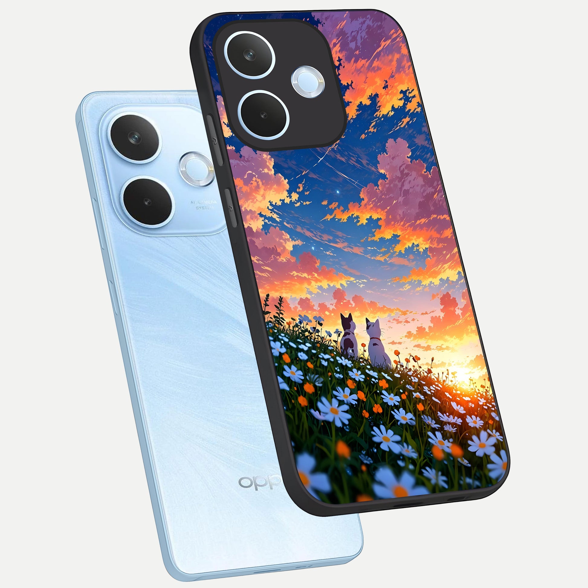  Two Cats Friends phone case For Oppo Reno 15 Pro mini showing premium glass back cover with detailed artwork